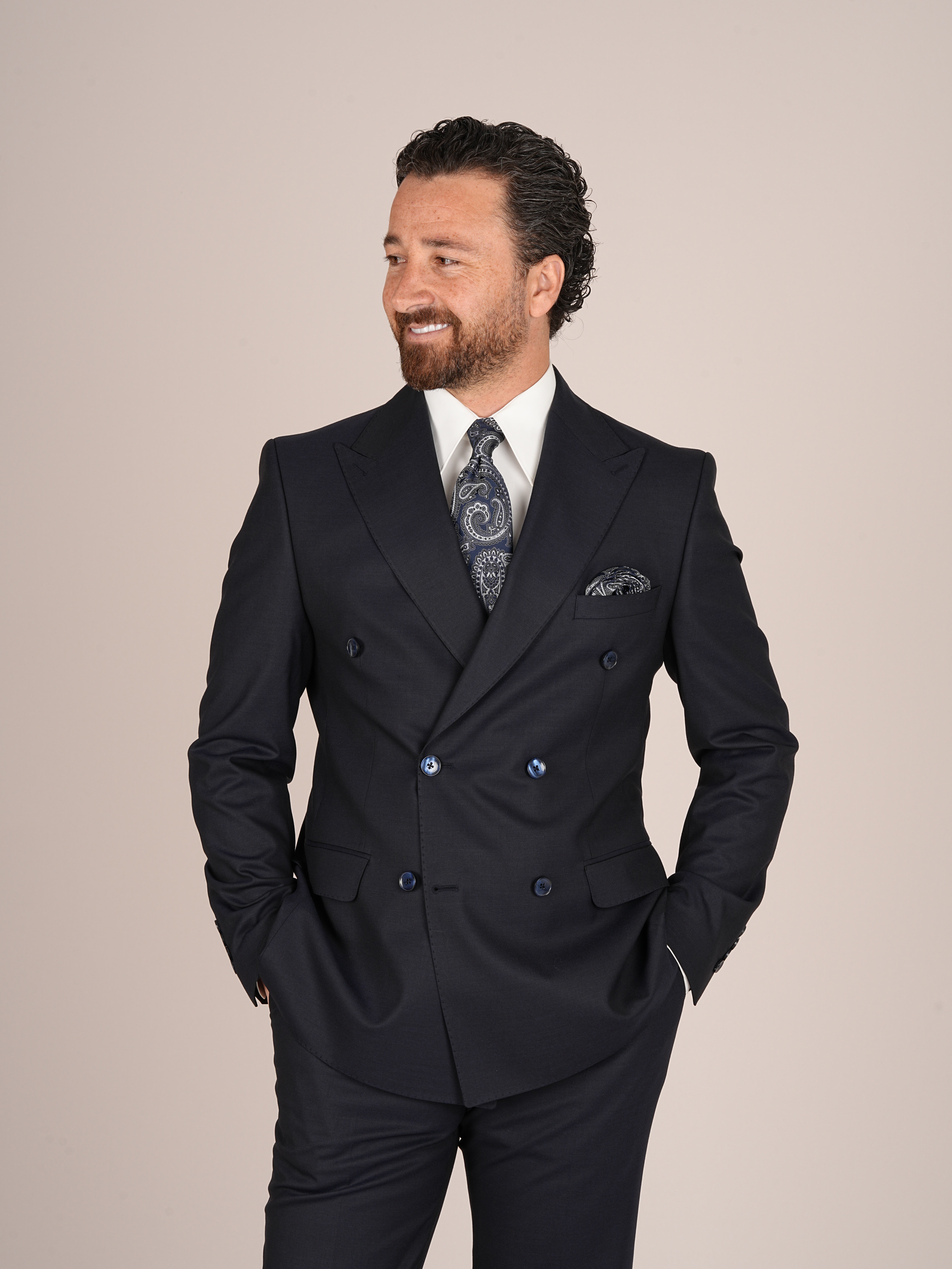 Erkek Slim Fit İtalyan Stil Kruvaze Takım Elbise Ceket Pantolon - Lacivert