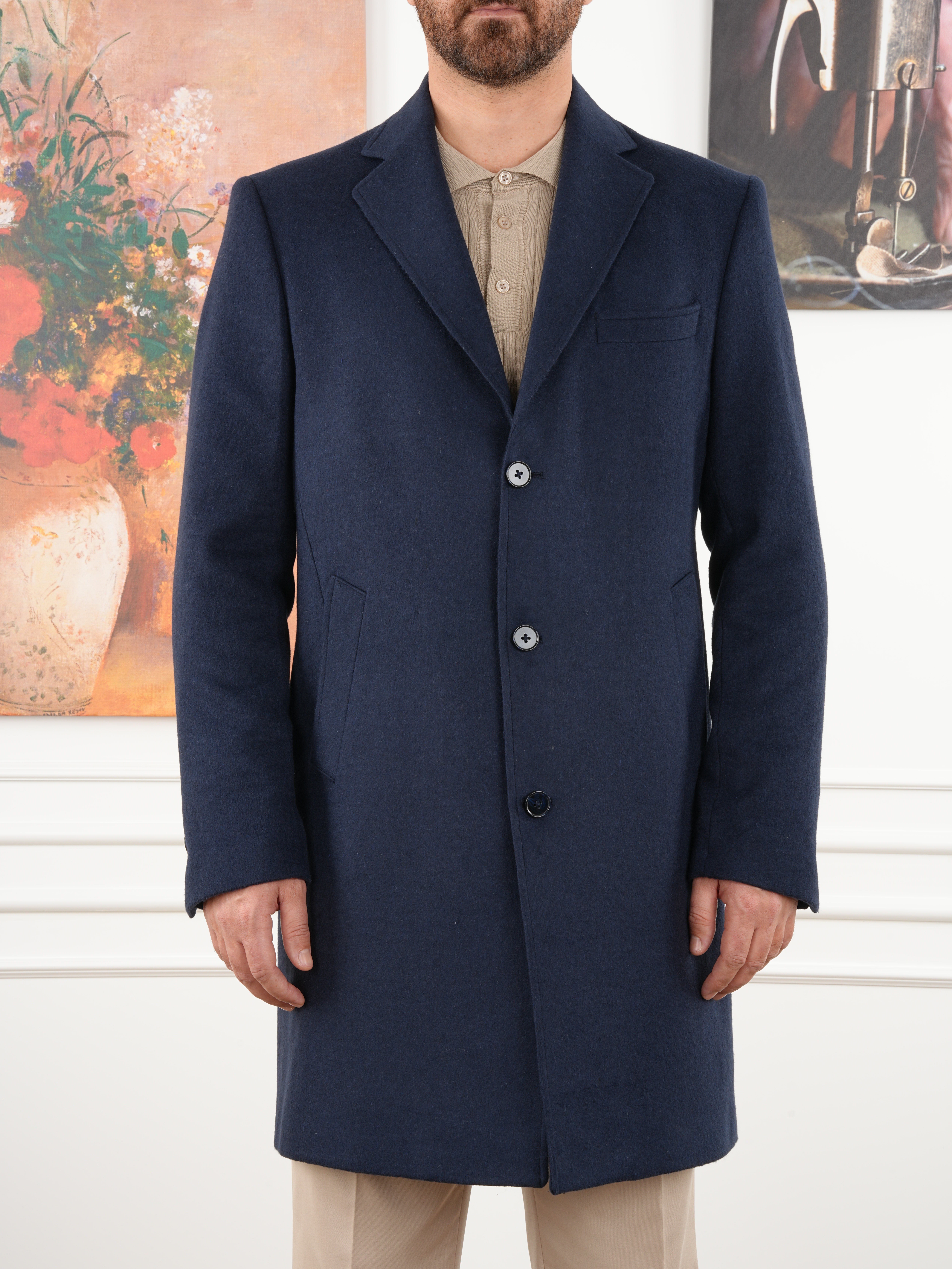 Erkek Premium İtalyan Stil Slim Fit Mono Yaka Kaşe Kaban - Lacivert