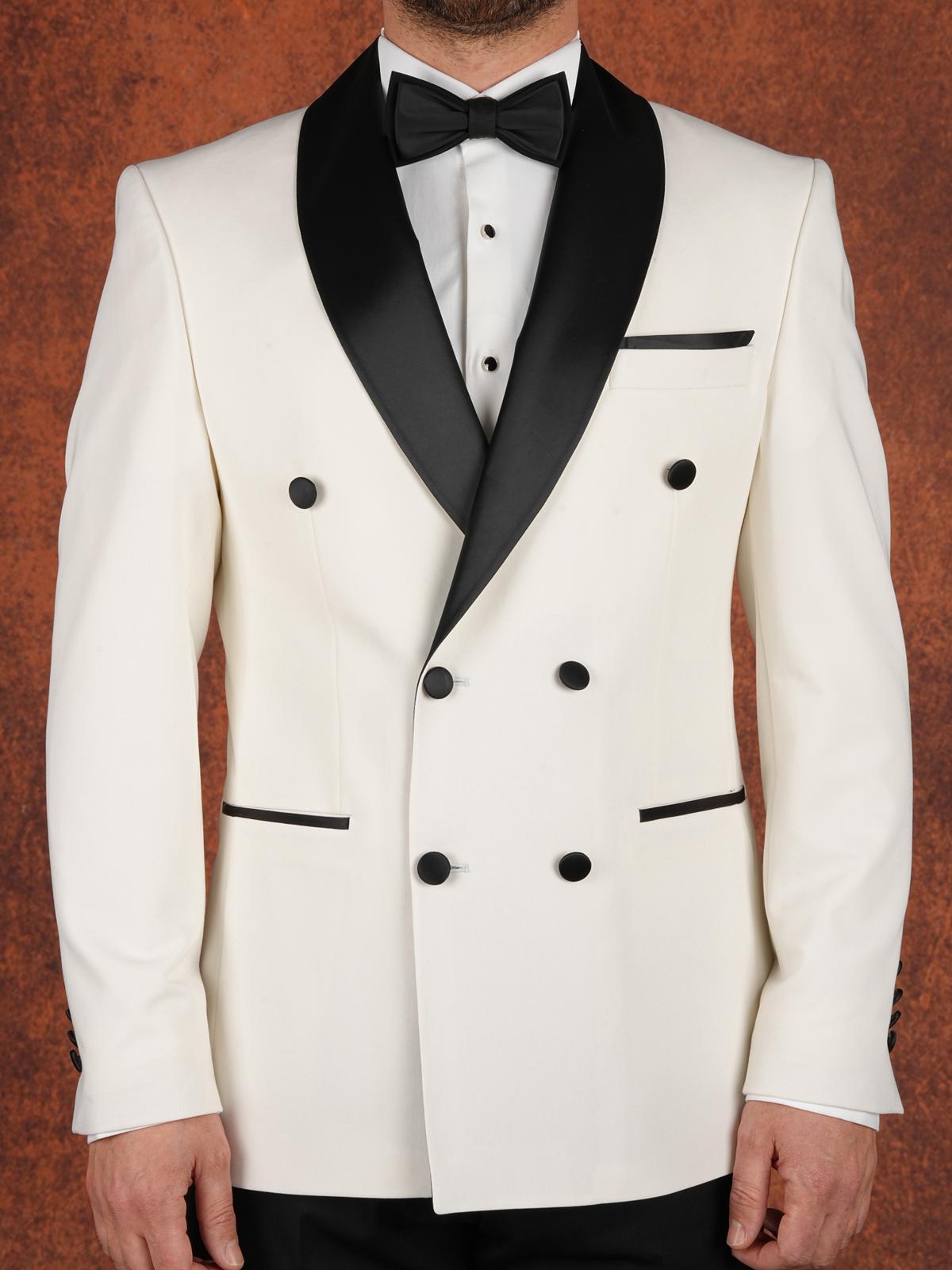 Erkek Premium Slim Fit İtalyan Stil  Damatlık Smokin Ceket Pantolon Papyon - Beyaz