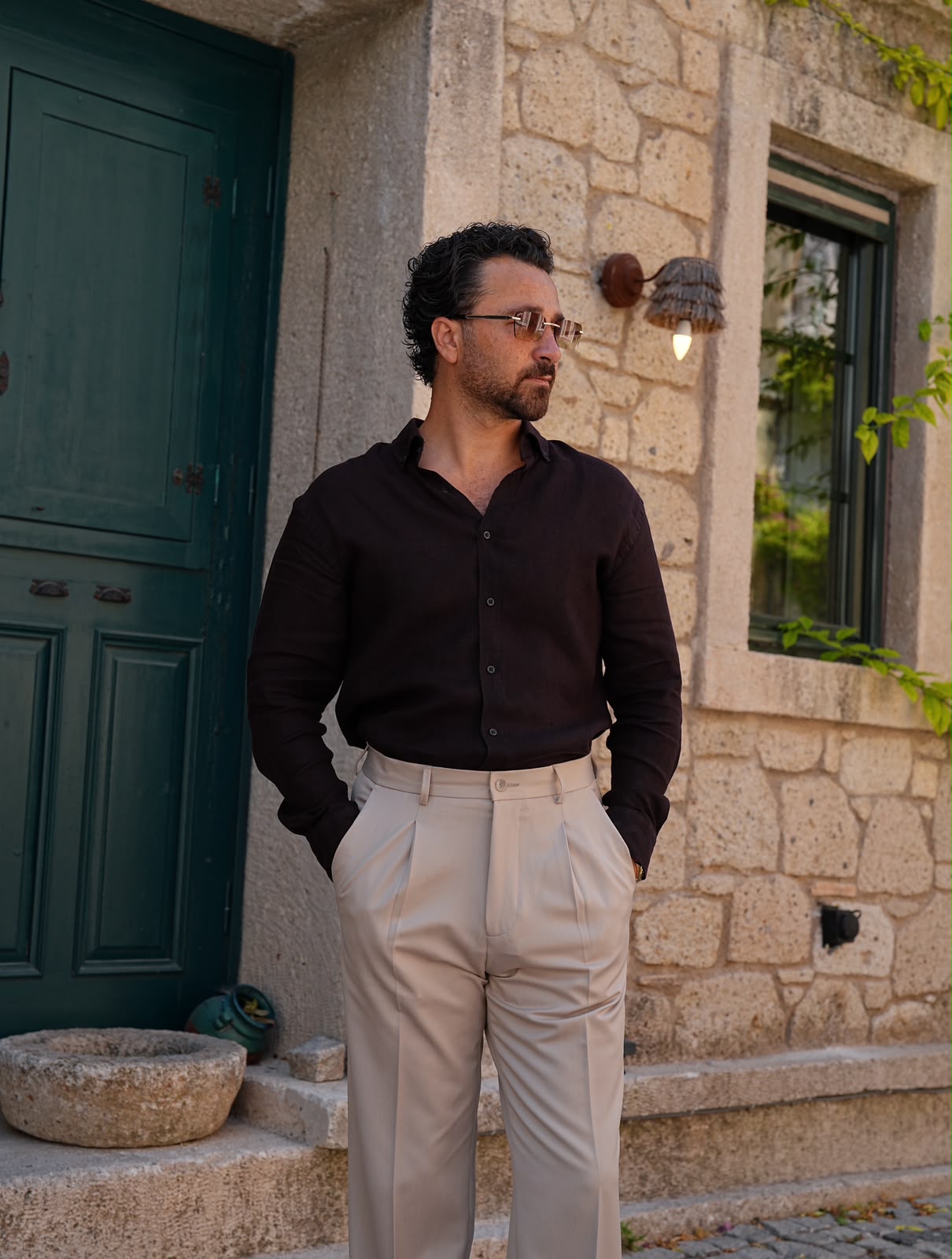 PAREZ Keten Gömlek Modern Fit Yaka Düğmeli - Acı Kahve