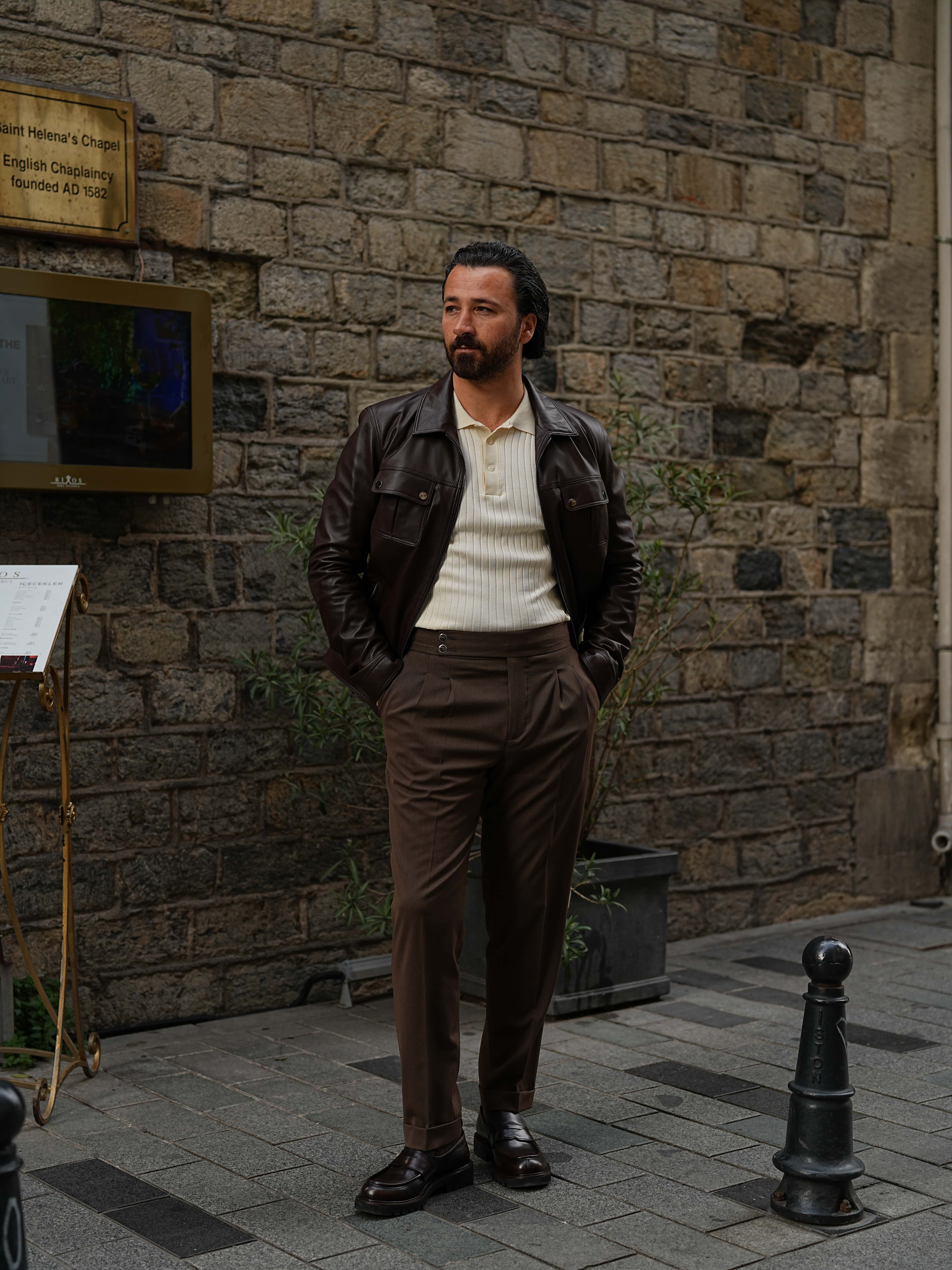 Erkek Slim Fit Fermuarlı Hakiki Naturel Deri Mont Ceket - Kahve