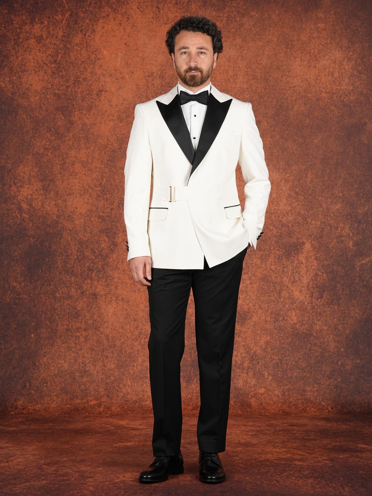 Erkek Premium Slim Fit İtalyan Stil  Gold Toka Damatlık Smokin Ceket Pantolon Papyon - Beyaz