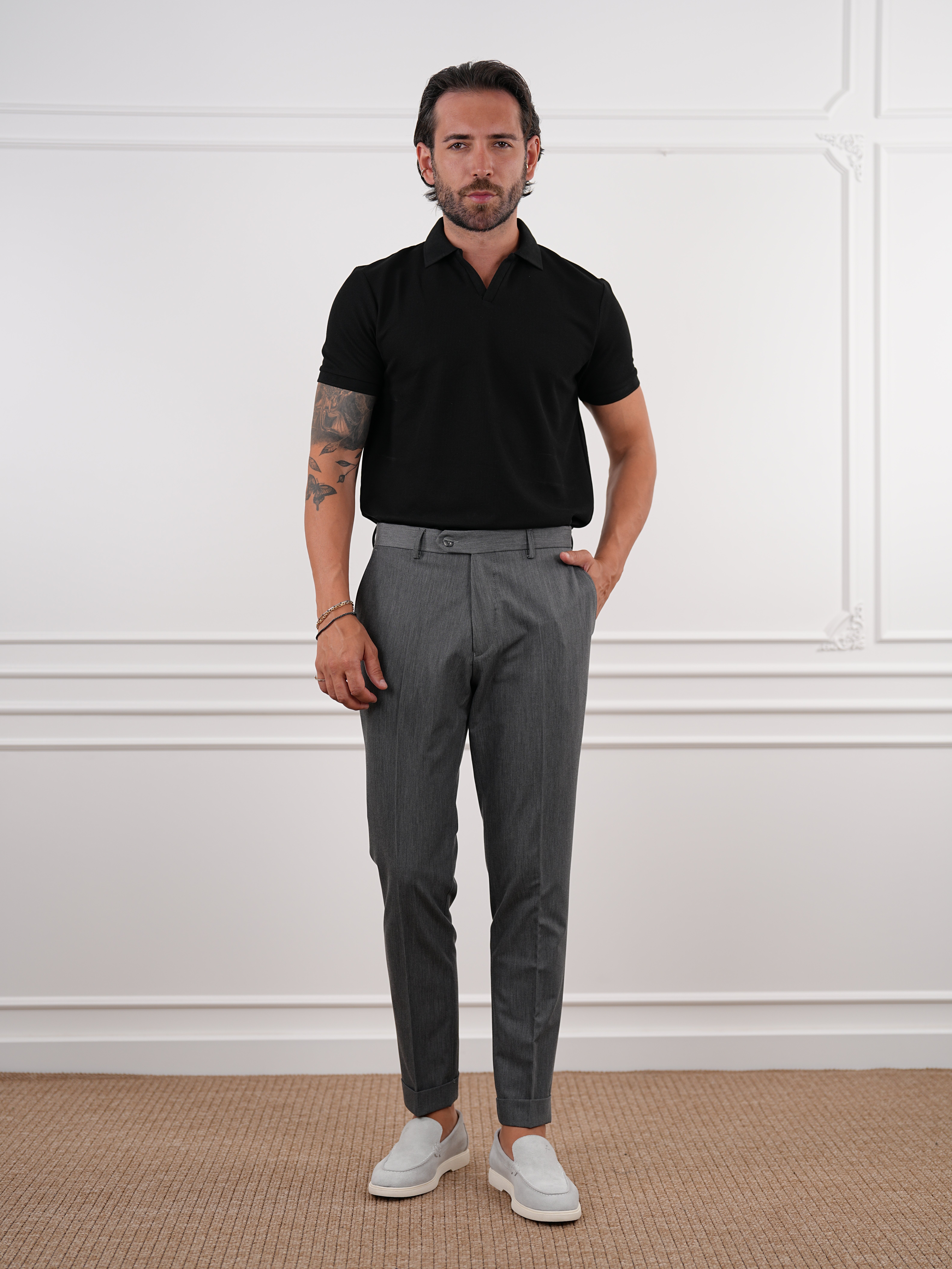 Erkek Slim Fit Yüksek Bel Duble Paça Kumaş Pantolon-Füme