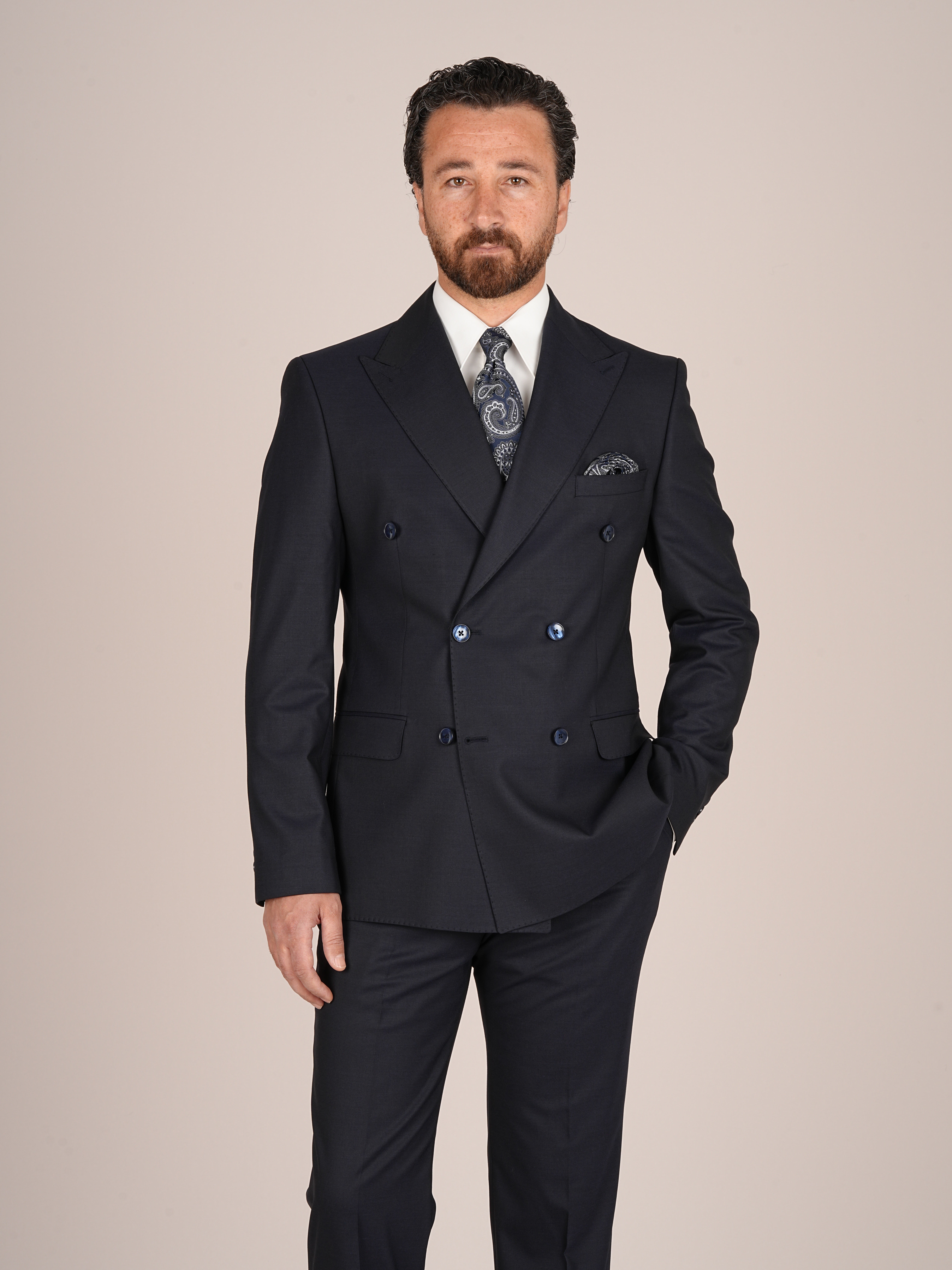 Erkek Slim Fit İtalyan Stil Kruvaze Takım Elbise Ceket Pantolon - Lacivert