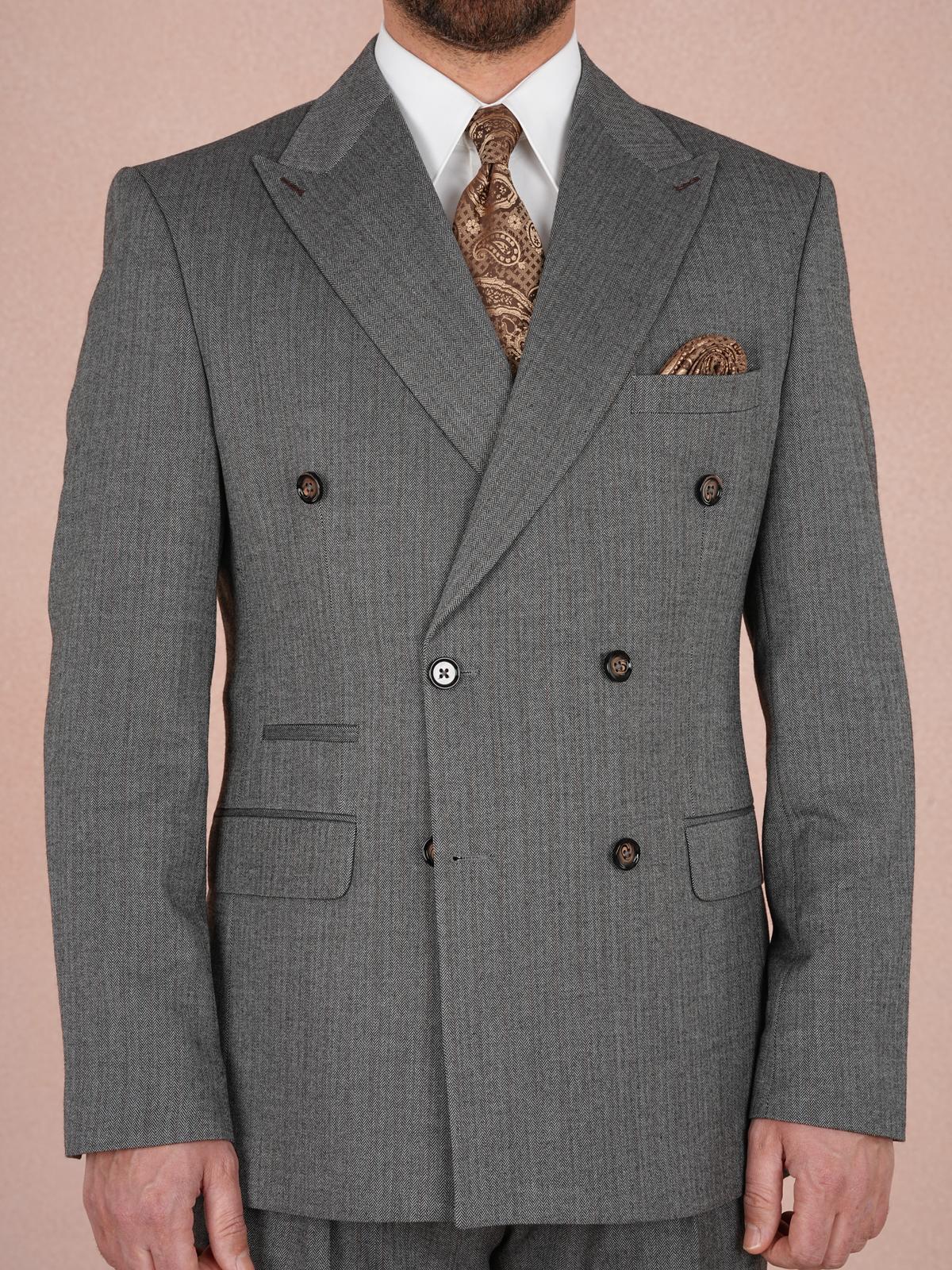 Premium Erkek  Kruvaze Takım Elbise Slim Fit İtalyan Stil Punto Dikişli Ceket Pantolon - Gri