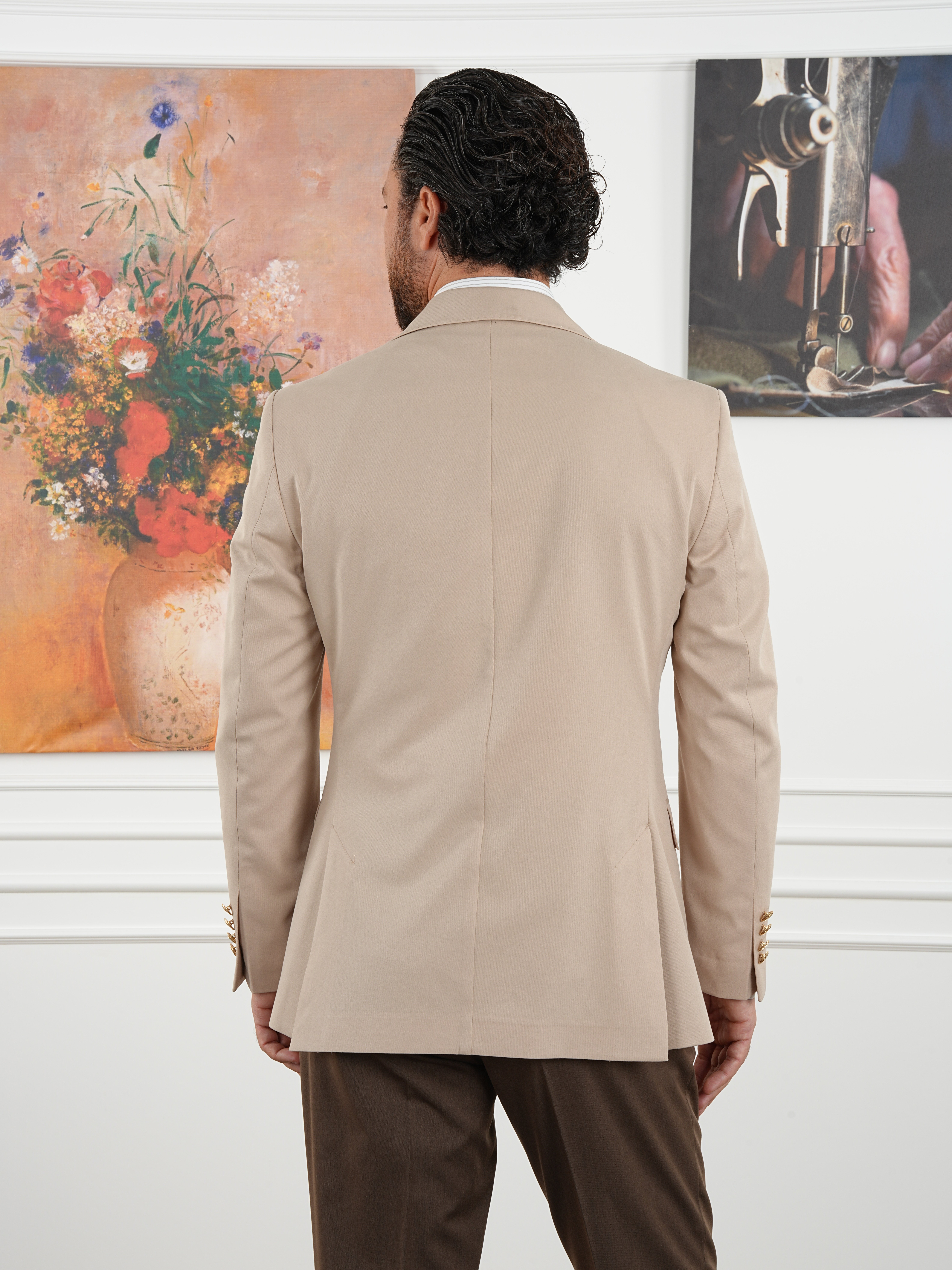 Premium İtalyan Stil Slim Fit Erkek Punto Dikişli Yarım Astarlı Ceket - Krem