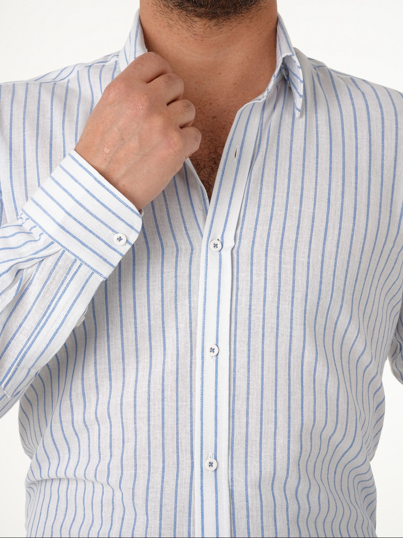 Erkek Premium Regular Fit Çizgili Keten Gömlek - Buz Mavisi
