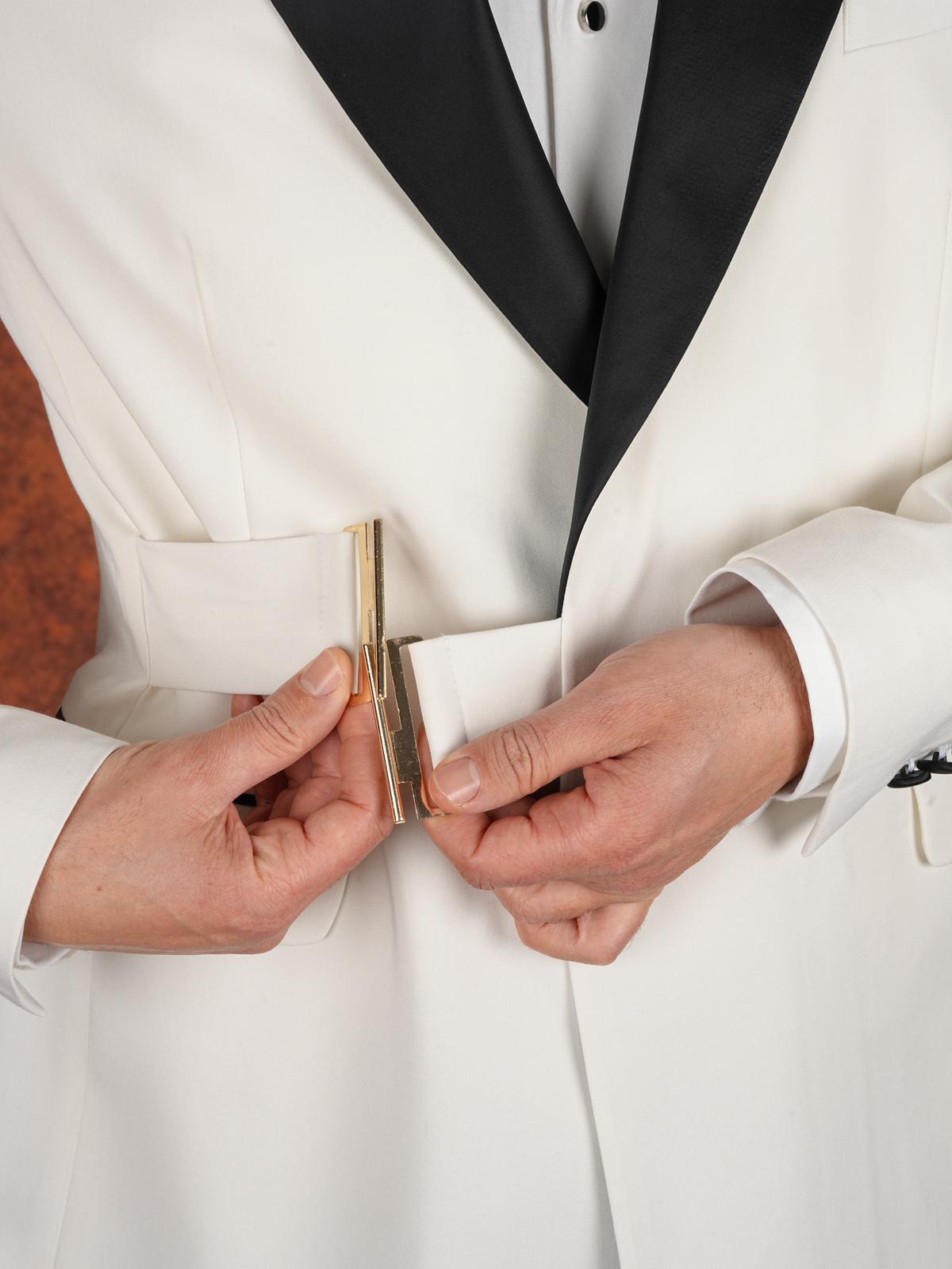 Erkek Premium Slim Fit İtalyan Stil  Gold Toka Damatlık Smokin Ceket Pantolon Papyon - Beyaz