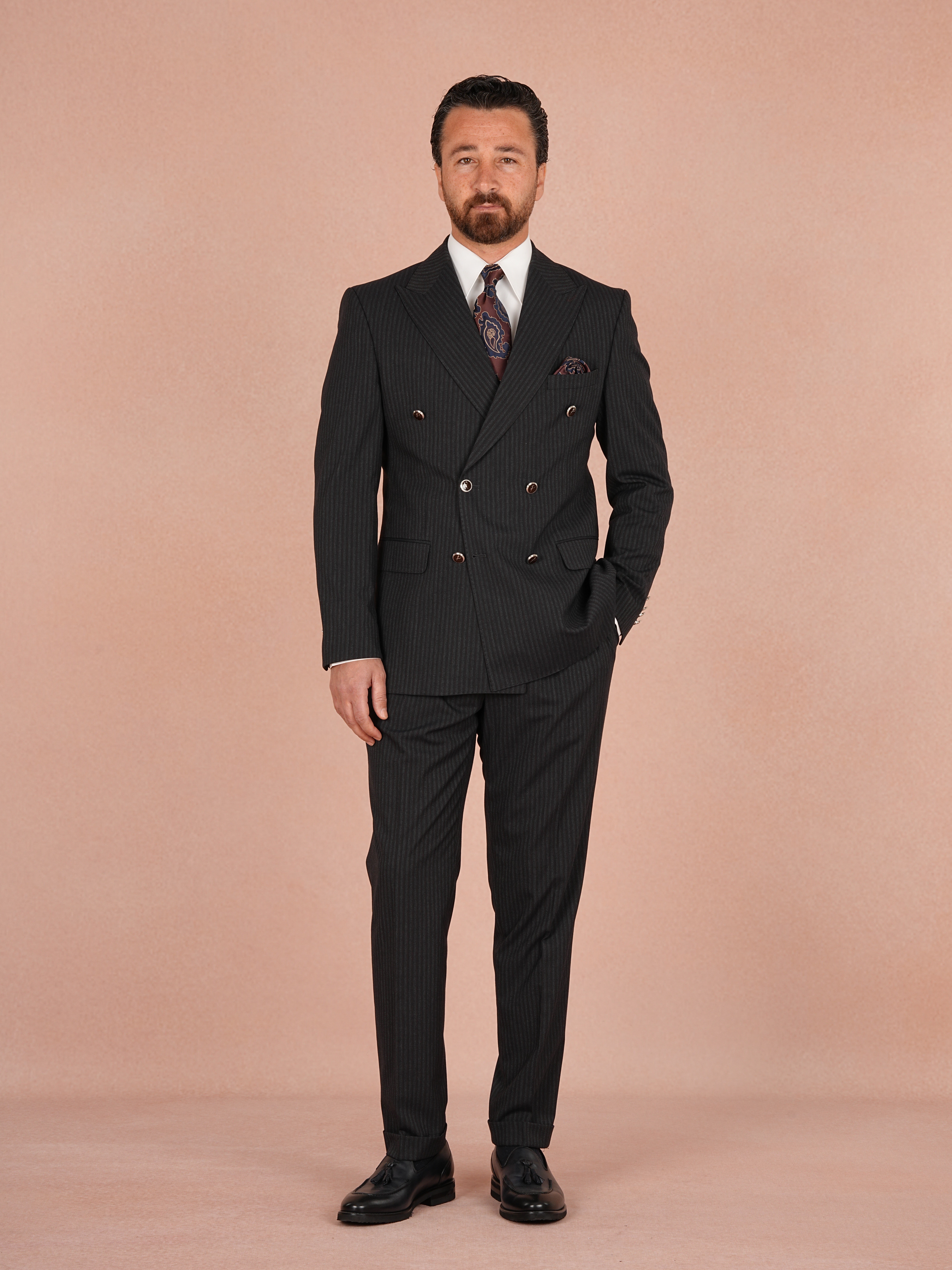 Premium Erkek Çizgili Kruvaze Takım Elbise Slim Fit İtalyan Stil Ceket Pantolon - Koyu Lacivert