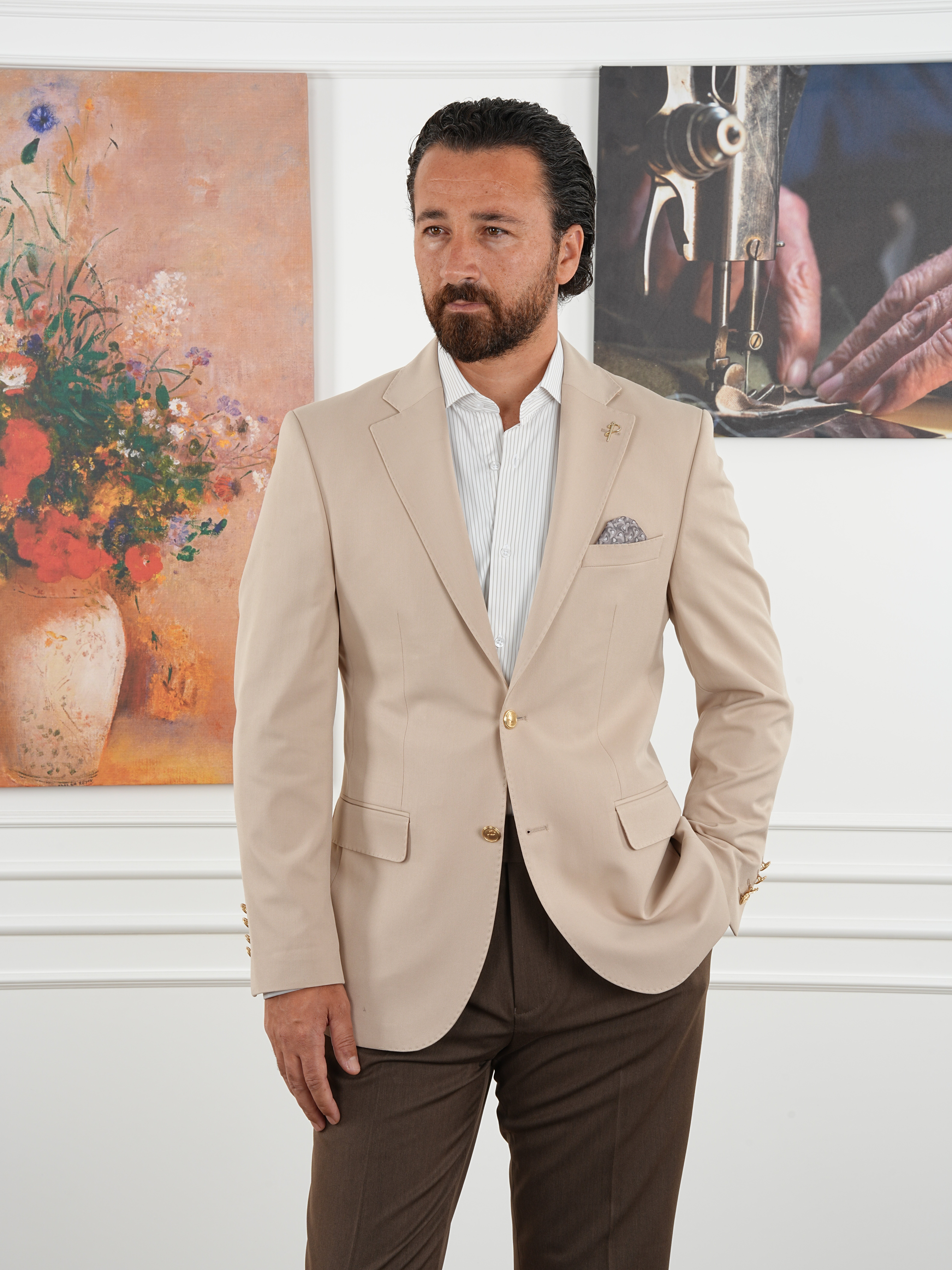 Premium İtalyan Stil Slim Fit Erkek Punto Dikişli Yarım Astarlı Ceket - Krem