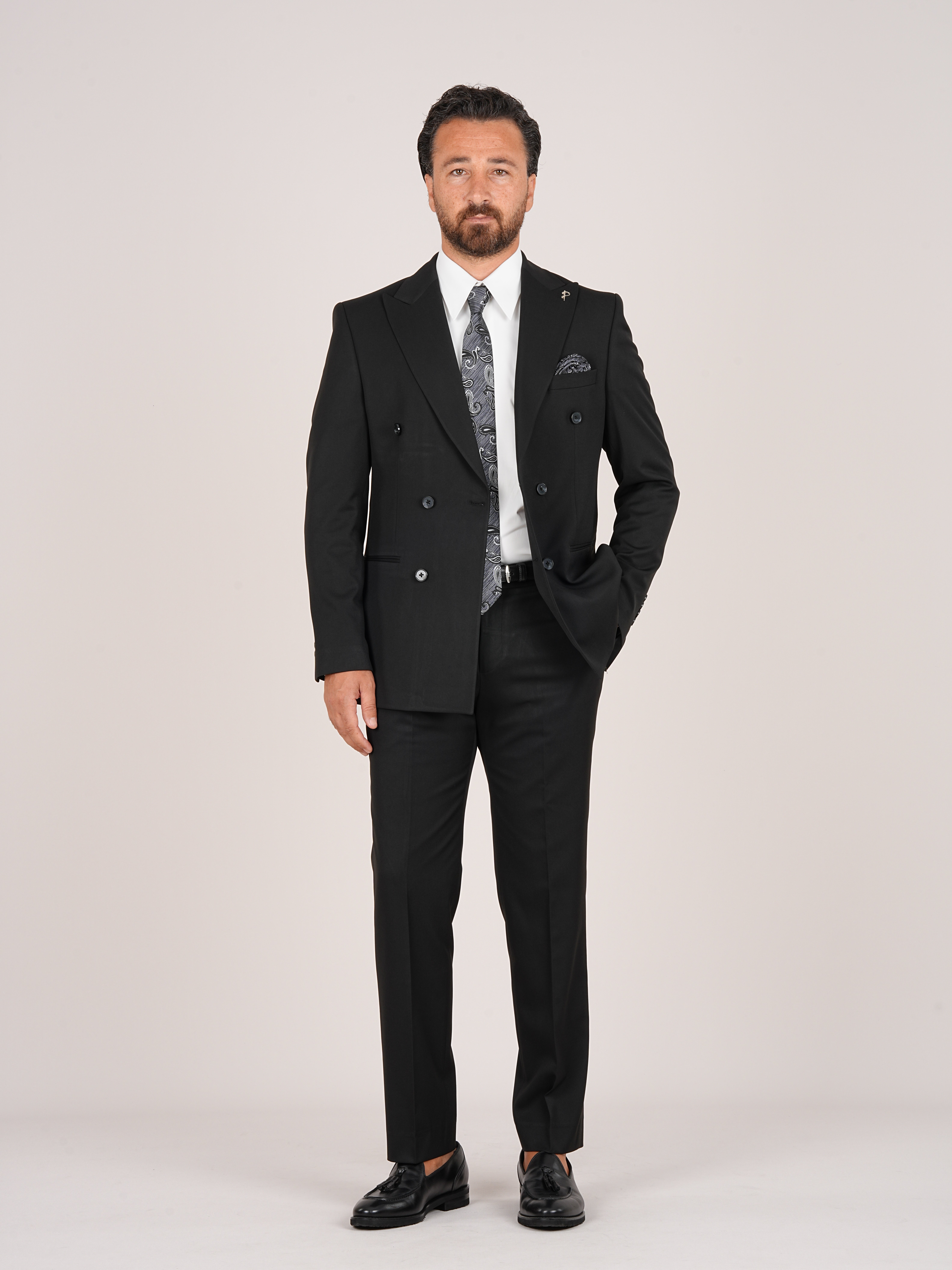 Erkek Kruvaze Takım Elbise Slim Fit İtalyan Stil Ceket Pantolon - Siyah