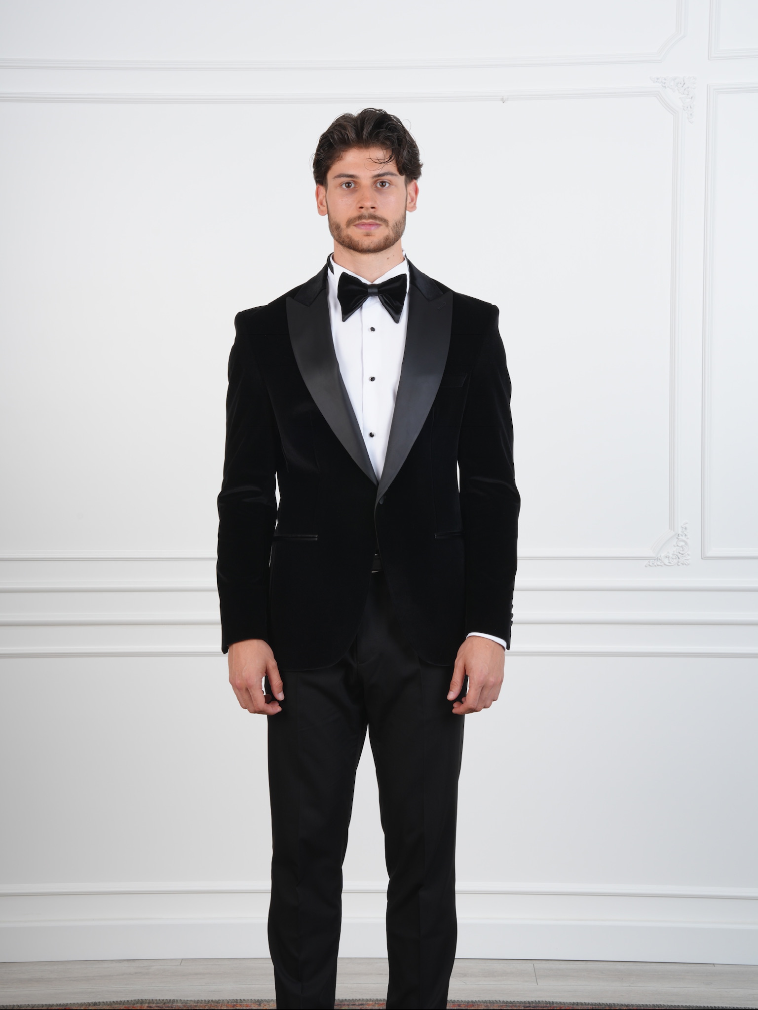 Erkek Premium Kadife Smokin Damatlık İtalyan Stil Slim Fit Ceket Pantolon Papyon - Siyah