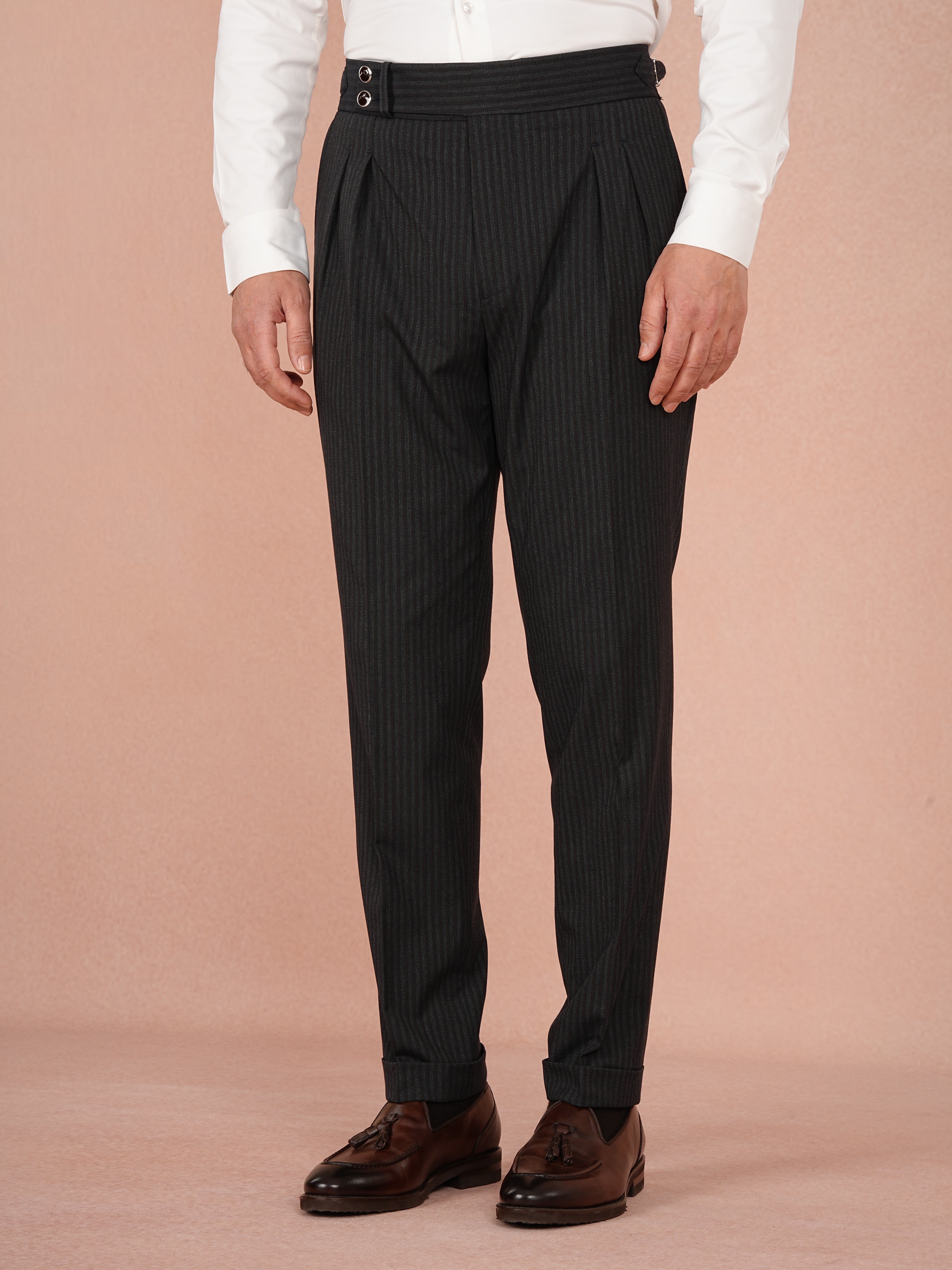 Premium Erkek Çizgili Kruvaze Takım Elbise Slim Fit İtalyan Stil Ceket Pantolon - Siyah