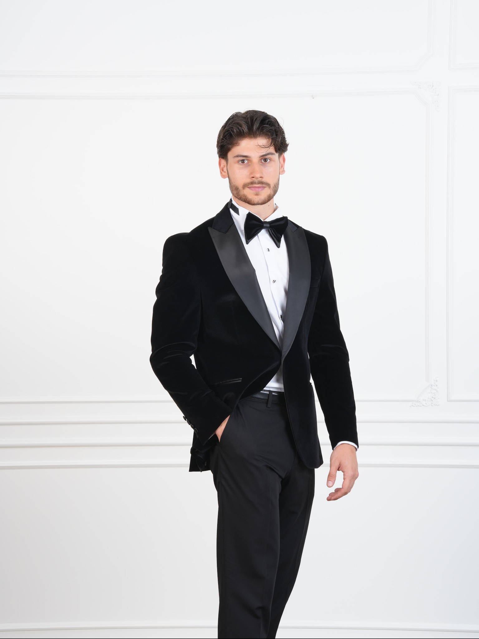 Erkek Premium Kadife Smokin Damatlık İtalyan Stil Slim Fit Ceket Pantolon Papyon - Siyah