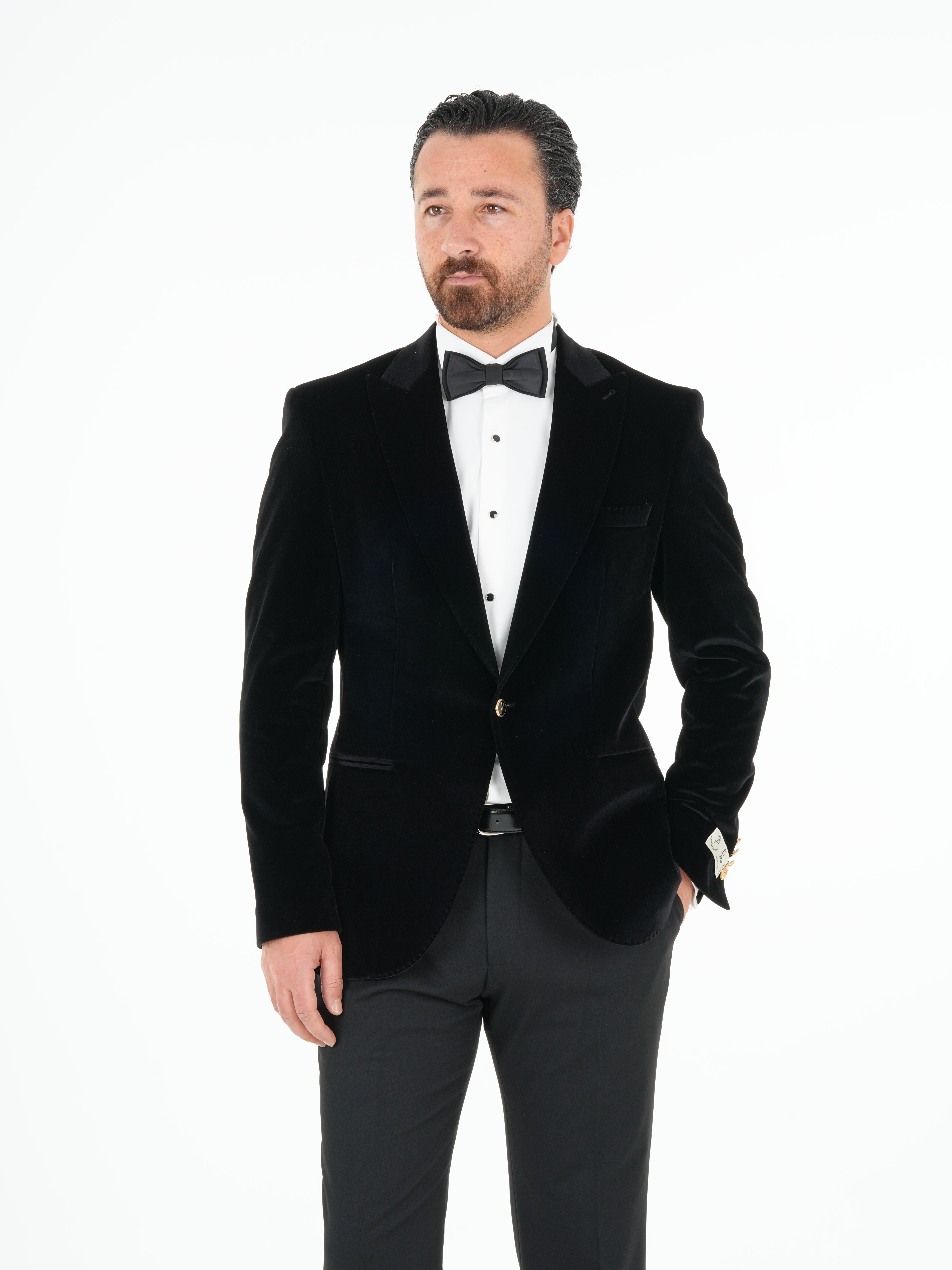 Premium Erkek Kadife Smokin Damatlık Gold Düğme Punto Dikişli Ceket Pantolon Papyon - Siyah