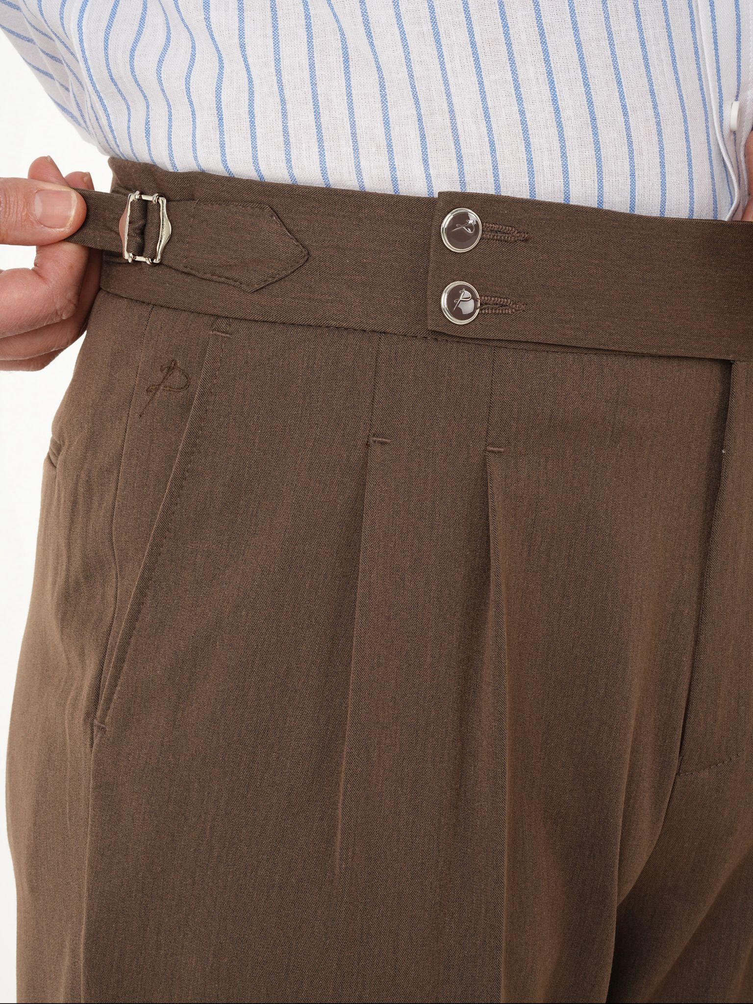 Erkek Regular Fit Yüksek Bel Piliseli Tokalı Kumaş Pantolon - Sütlü Kahve