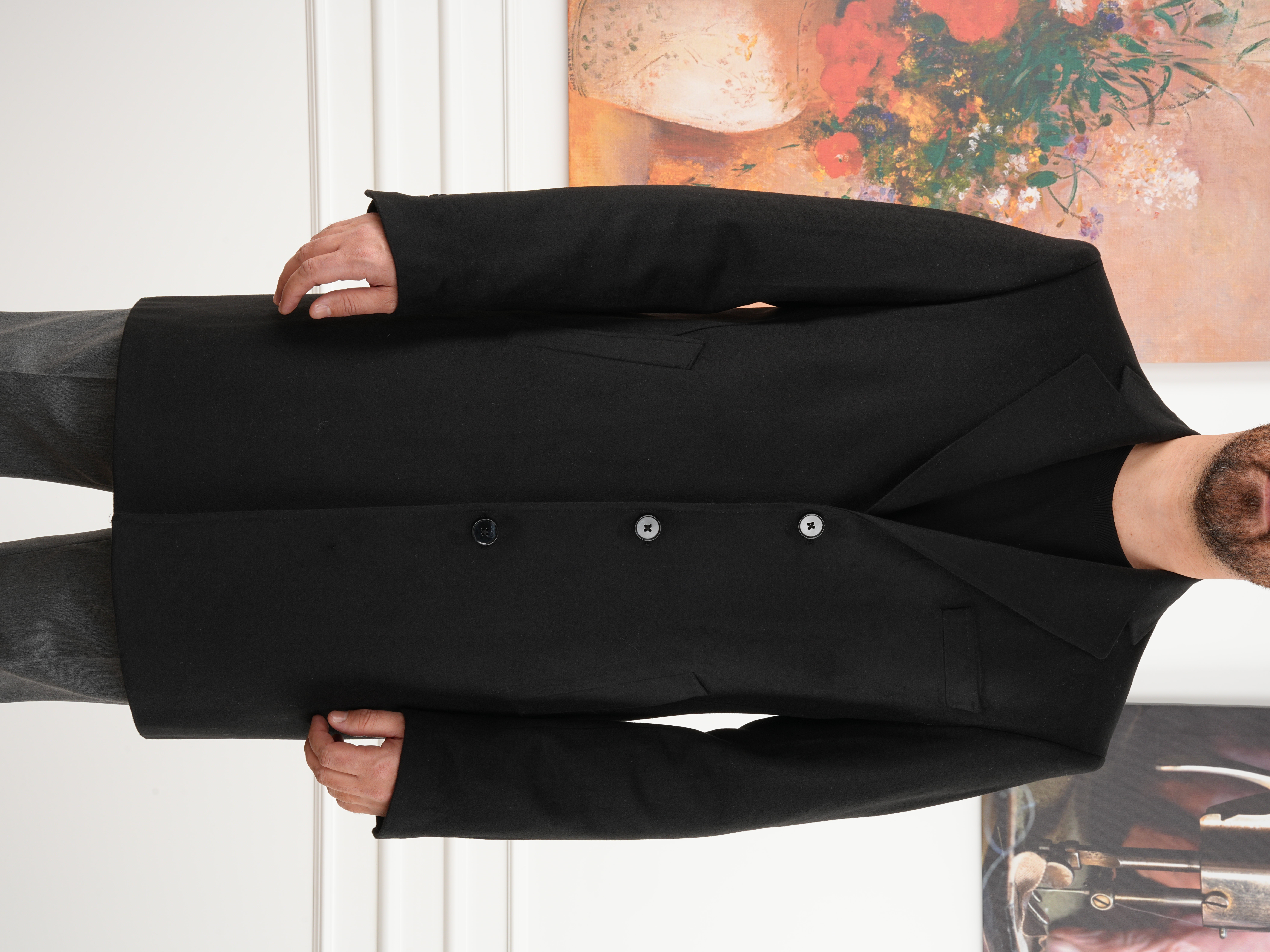 Erkek Premium İtalyan Stil Slim Fit Mono Yaka Kaşe Kaban - Siyah