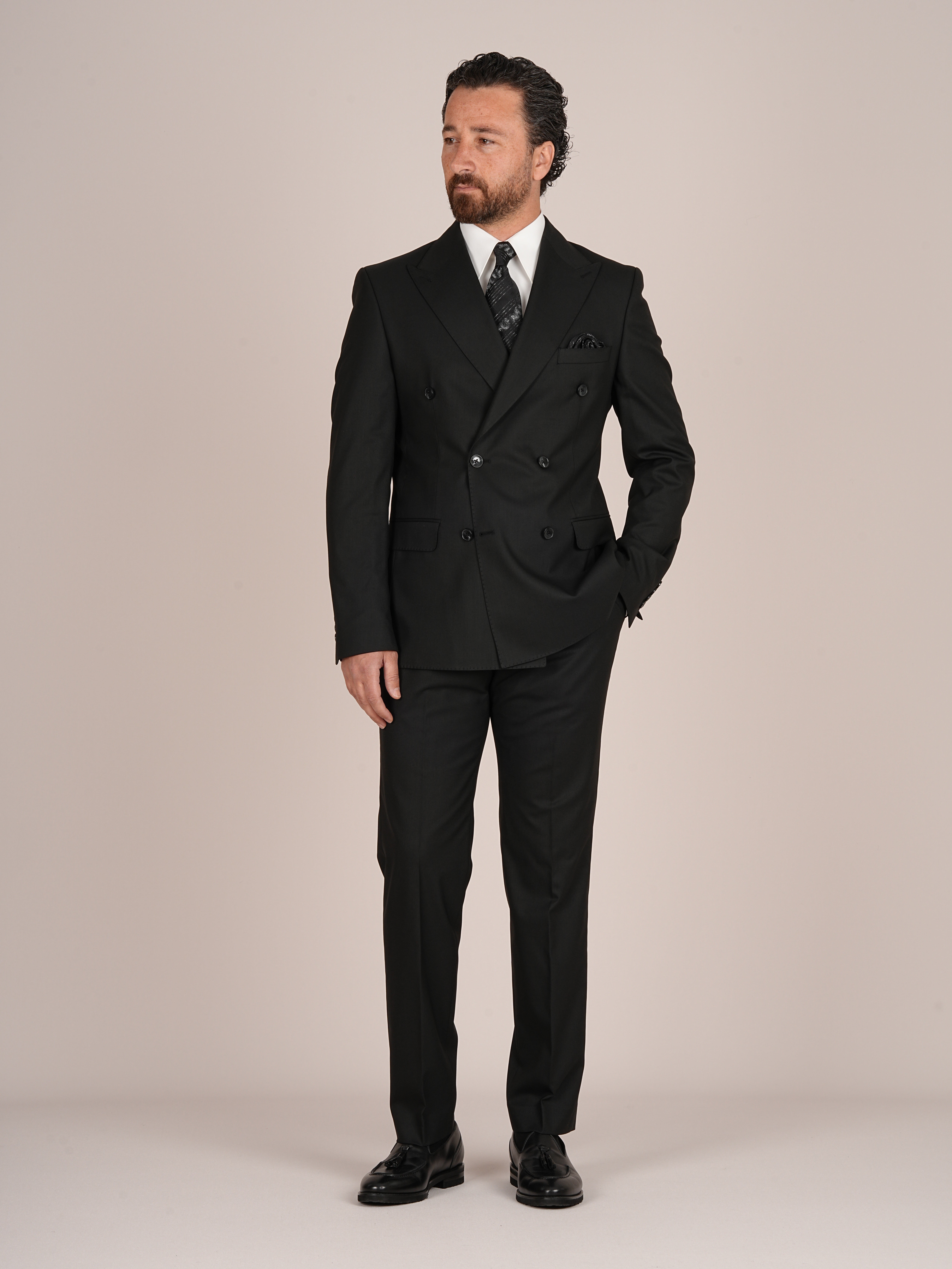 Erkek Slim Fit İtalyan Stil Kruvaze Takım Elbise Ceket Pantolon - Siyah