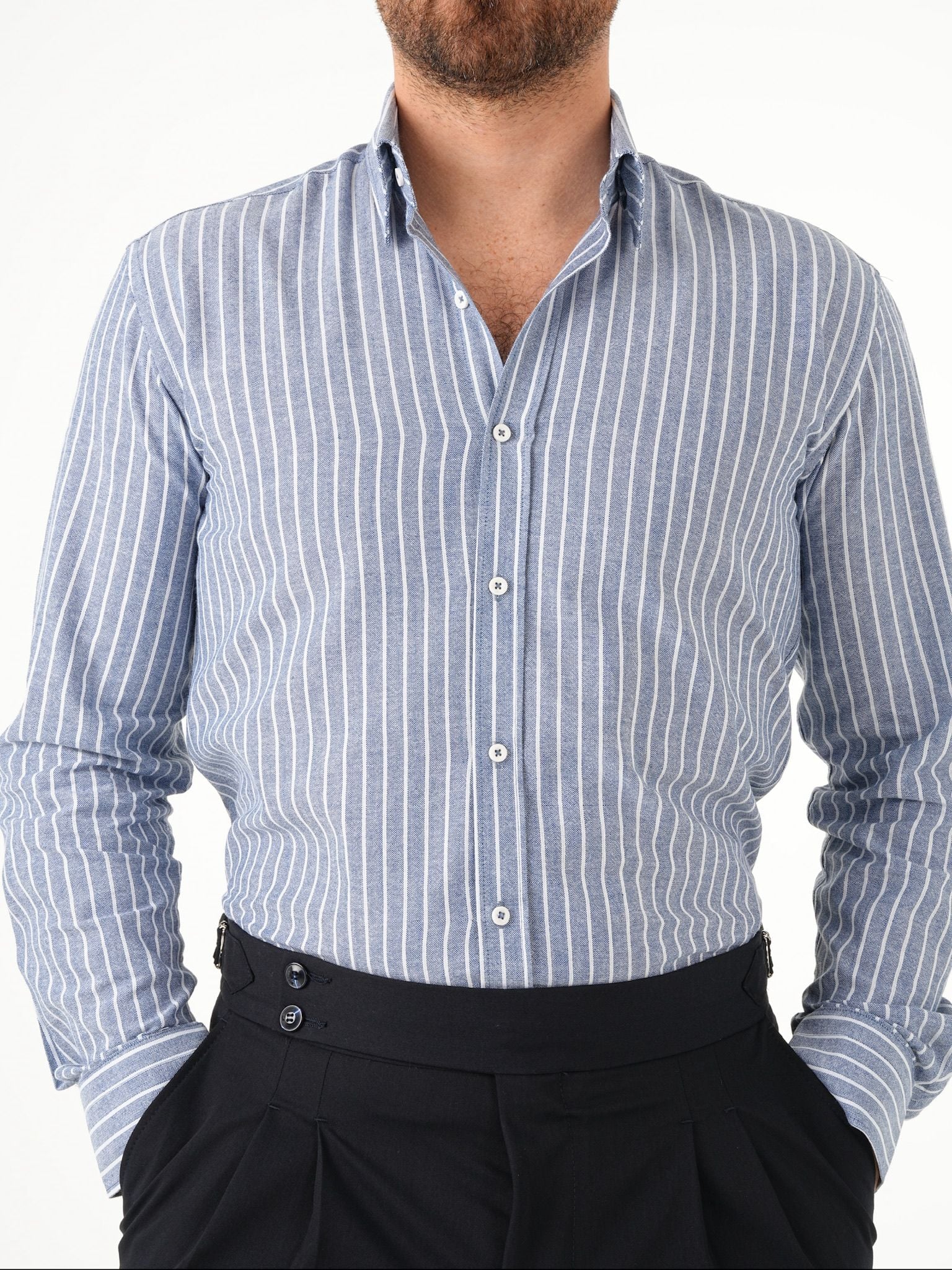 Premium Erkek Regular Fit Çizgili Keten Gömlek - Mavi