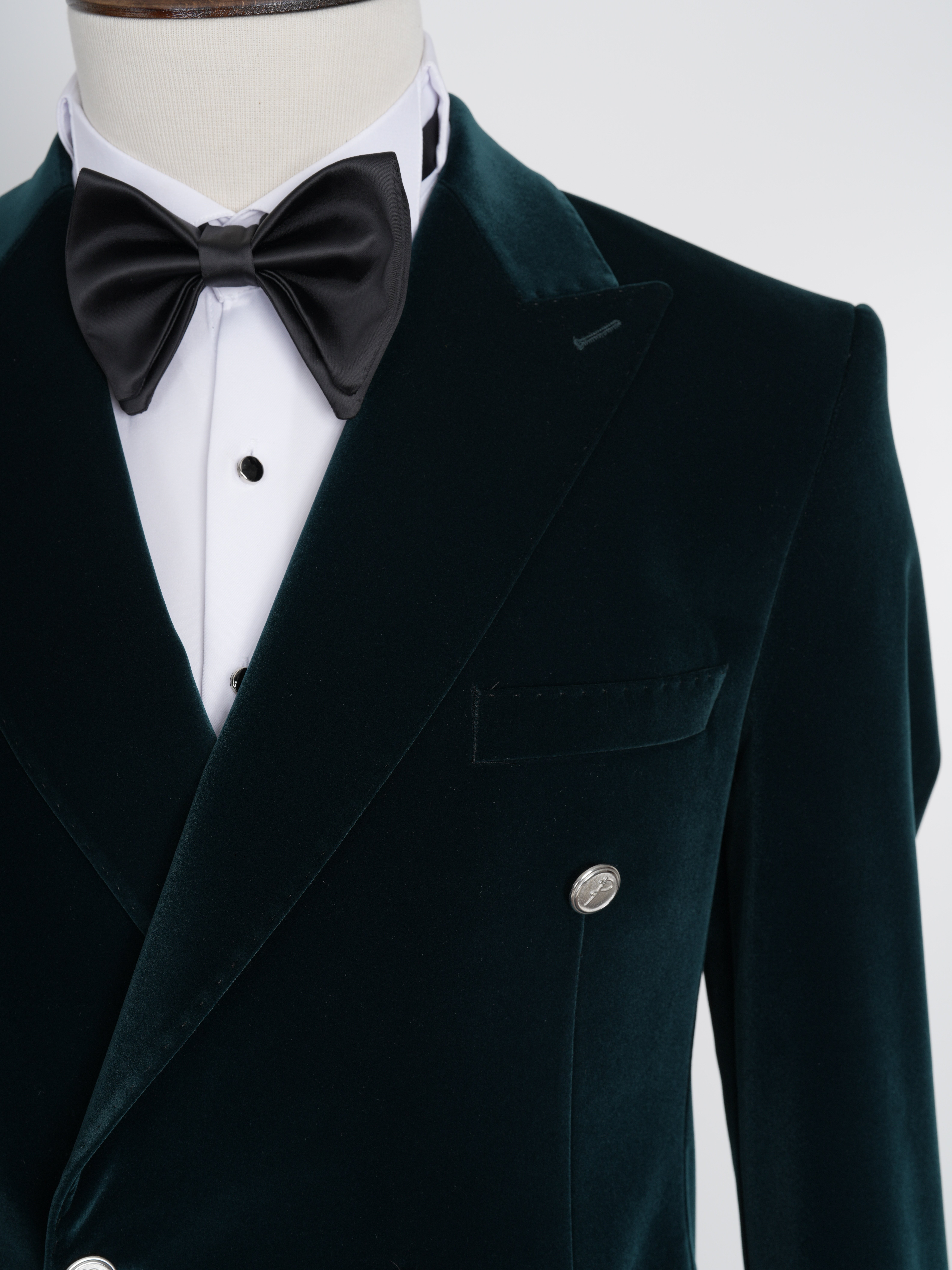 Premium Erkek Kadife Kruvaze Smokin Damatlık Metal Düğme Punto Dikişli Ceket Pantolon Papyon - Haki