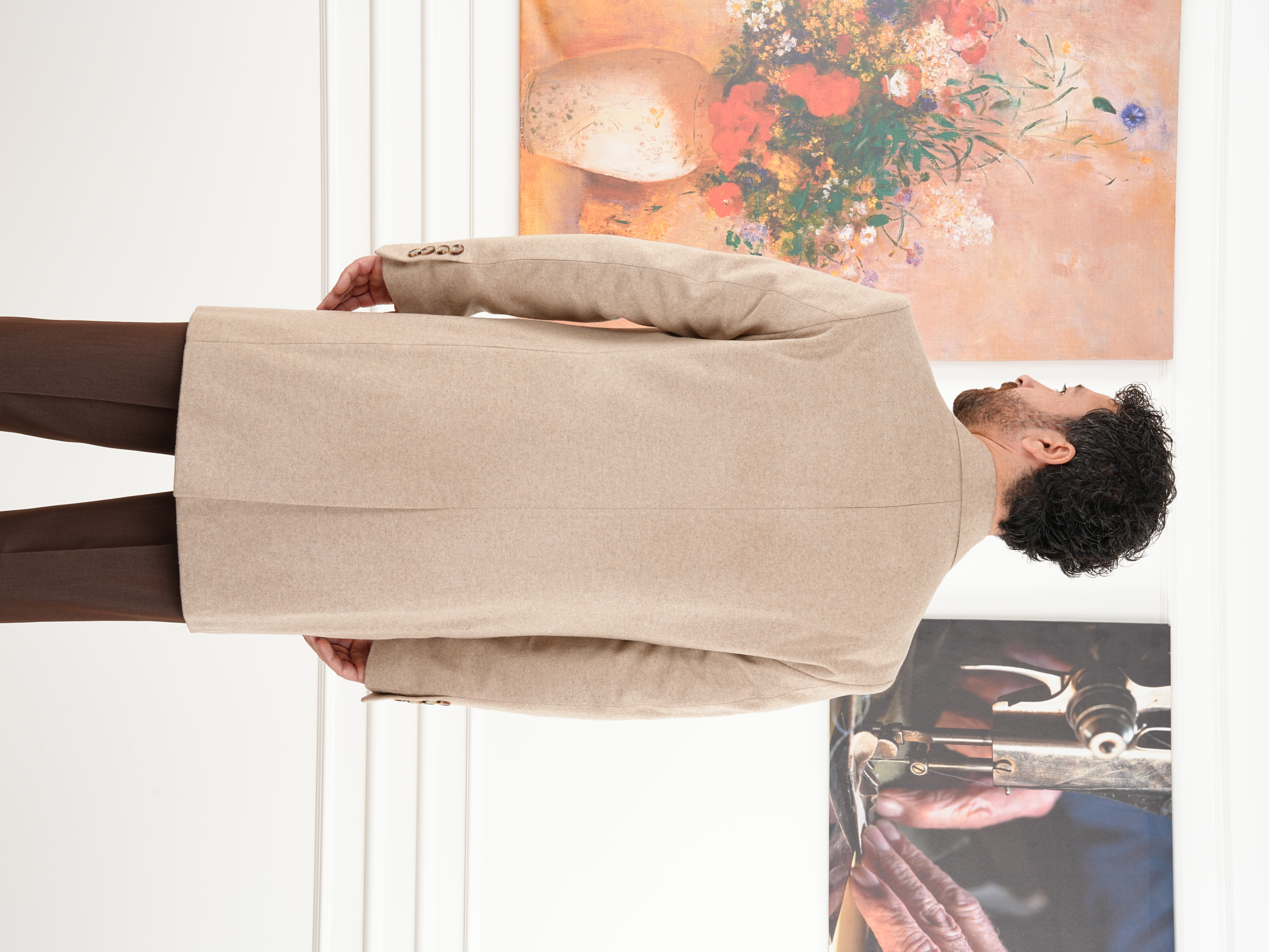 Erkek Premium İtalyan Stil Slim Fit Mono Yaka Kaşe Kaban - Krem