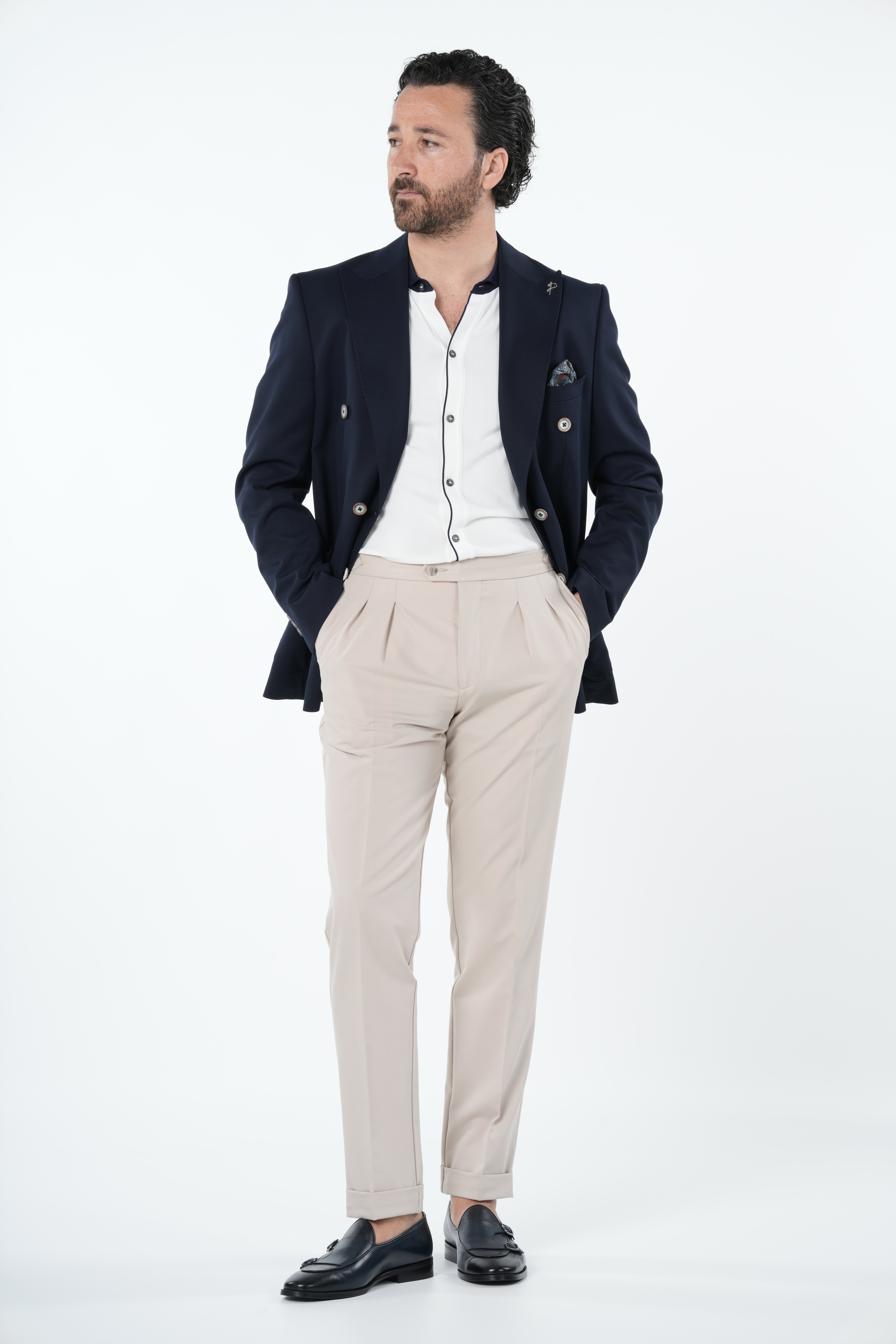 Mens Premium Italian Style Slim Fit Punto Stitched Bag Pocket Half Lined Double Breasted Jacket - Navy Blue
