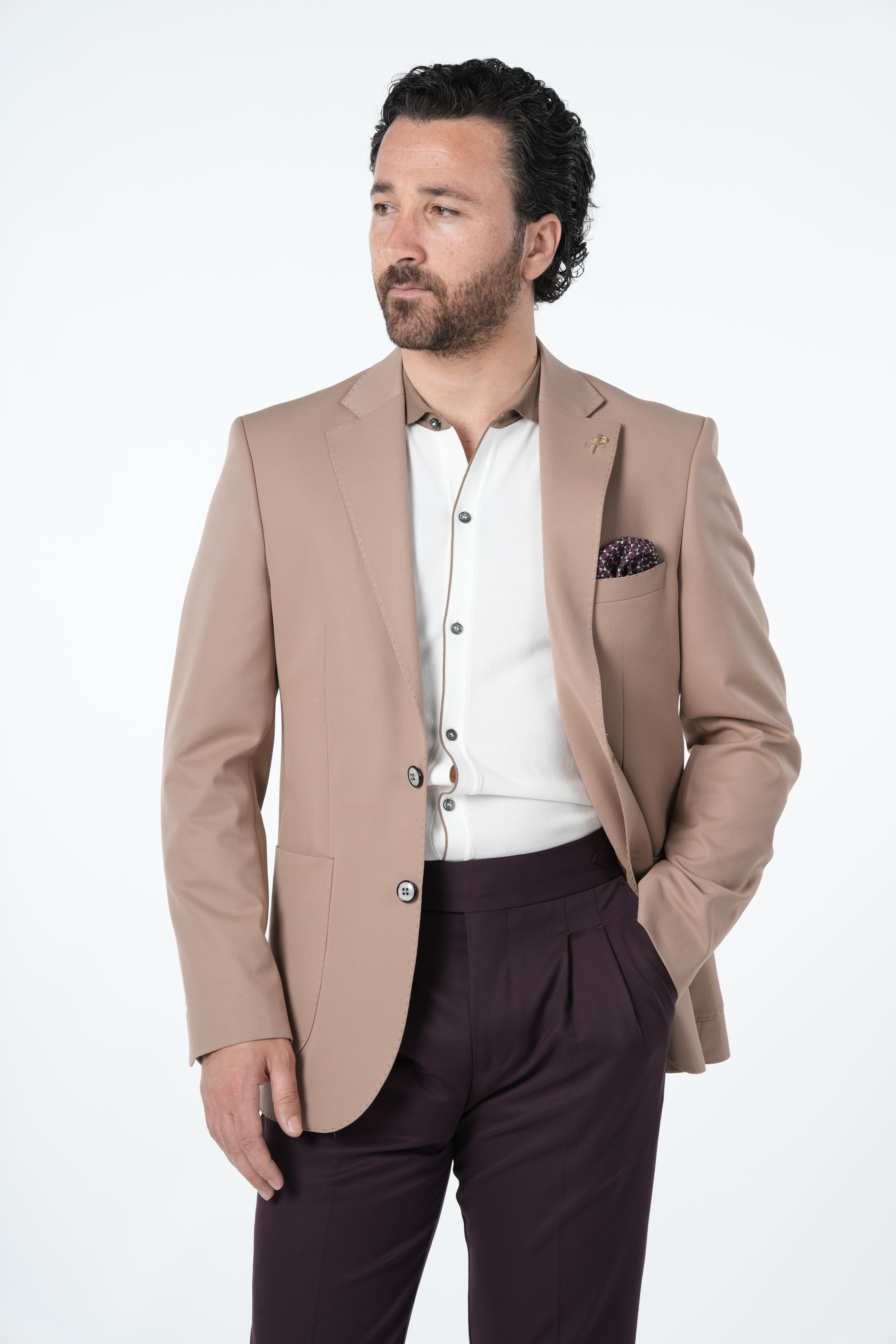 Giacca da uomo premium in stile italiano slim fit con cucitura a punto semifoderata e tasche a borsa - Marrone chiaro