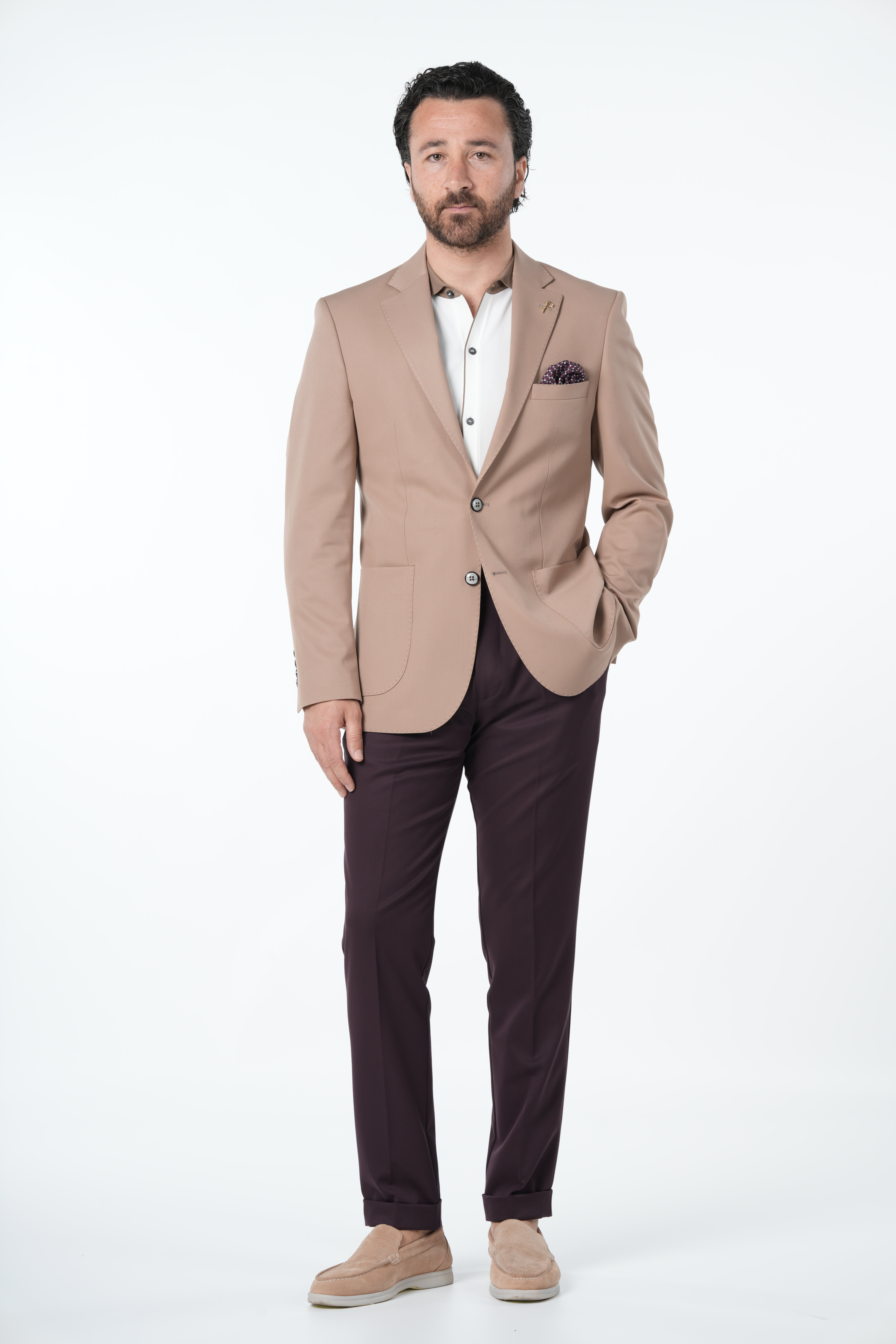 Giacca da uomo premium in stile italiano slim fit con cucitura a punto semifoderata e tasche a borsa - Marrone chiaro