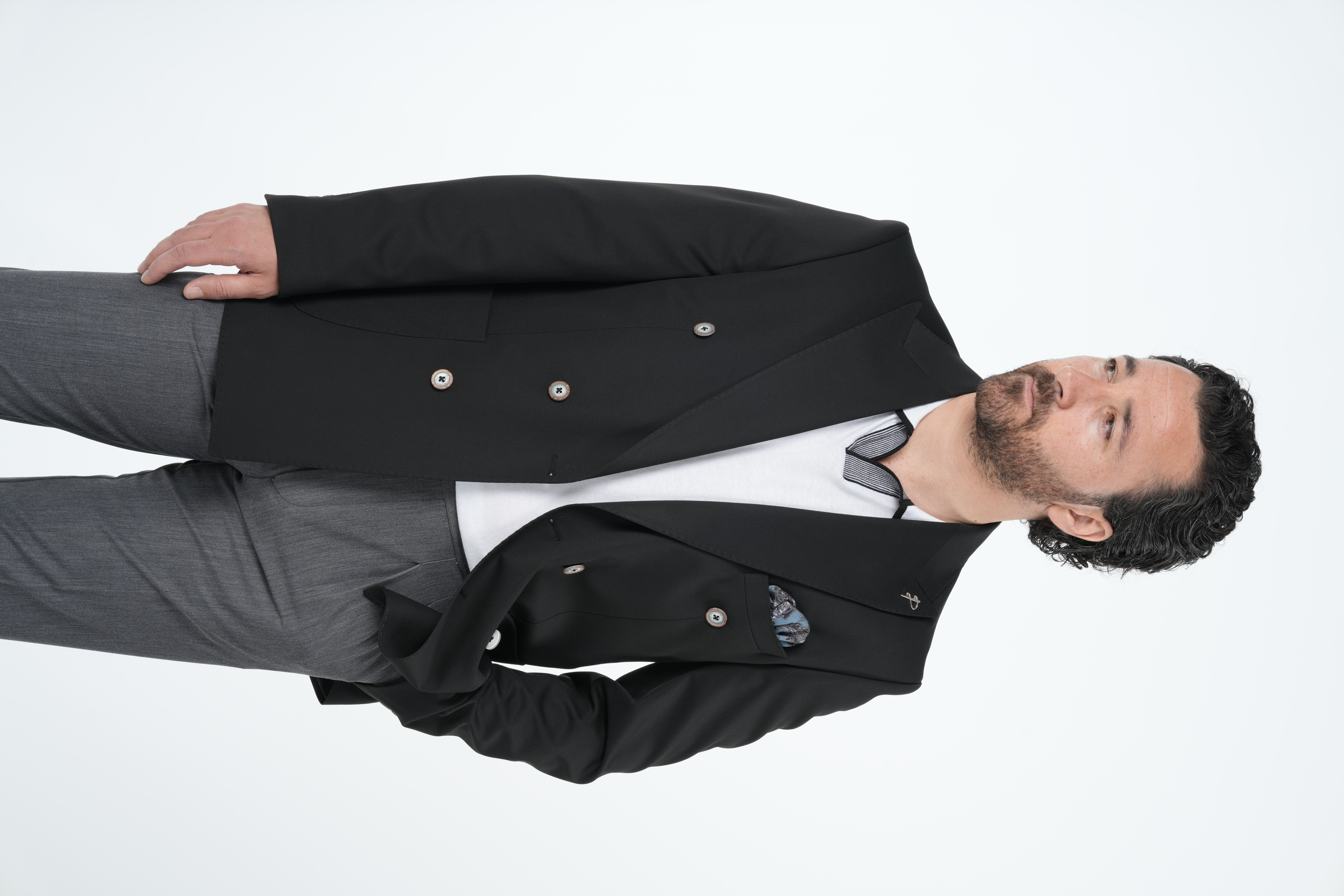 Mens Premium Italian Style Slim Fit Punto Stitched Bag Pocket Half Lined Double Breasted Jacket - Black