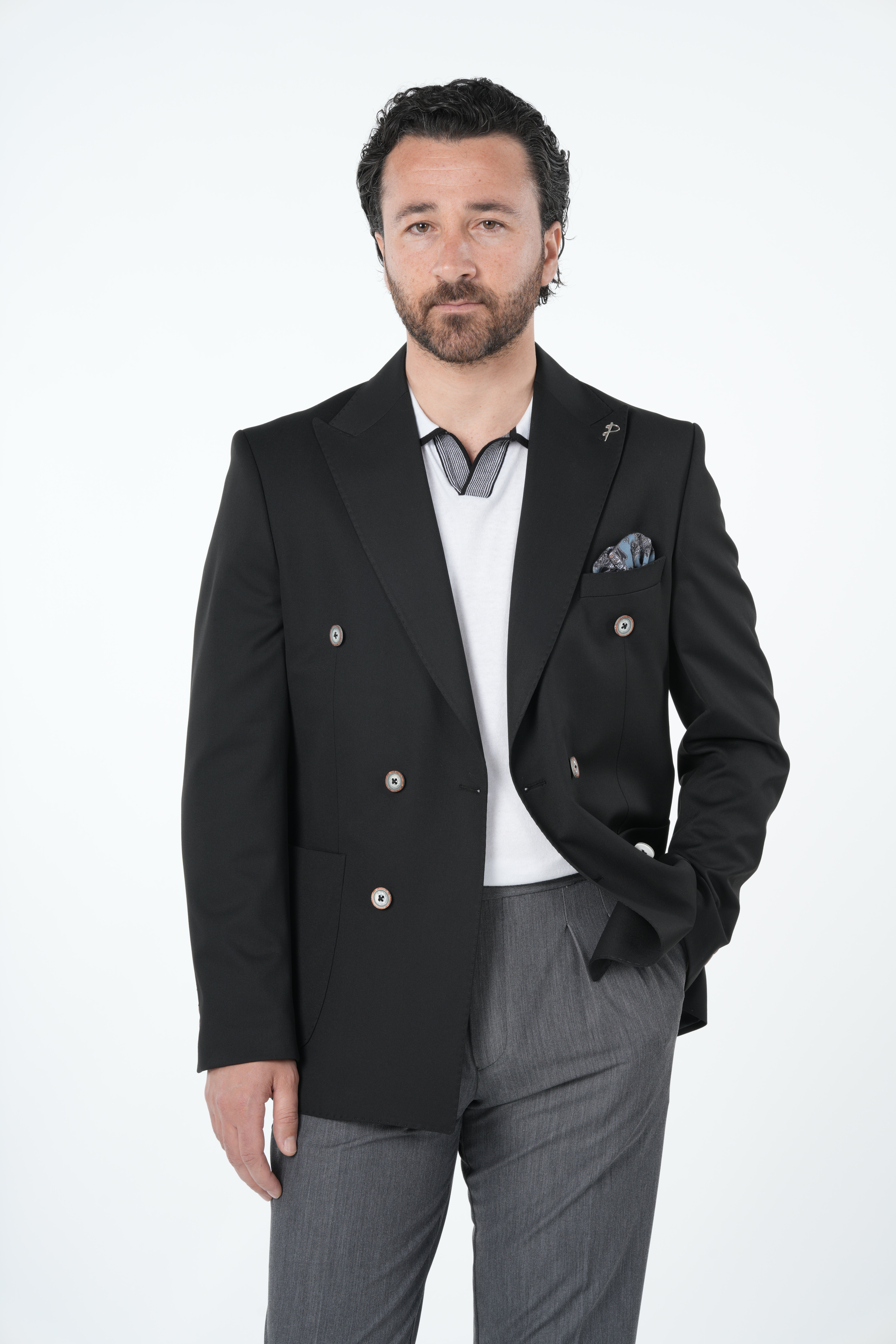 Mens Premium Italian Style Slim Fit Punto Stitched Bag Pocket Half Lined Double Breasted Jacket - Black