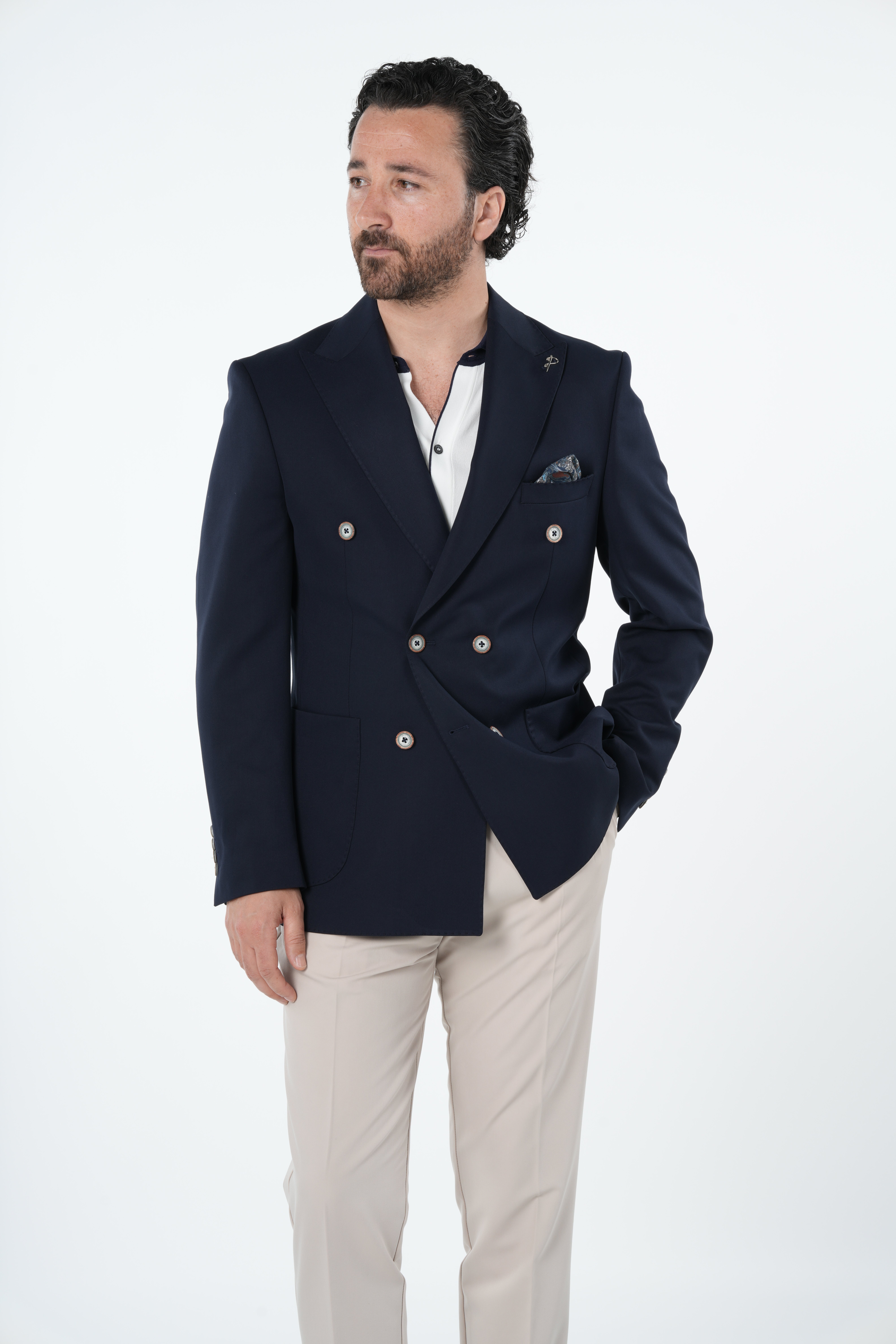 Mens Premium Italian Style Slim Fit Punto Stitched Bag Pocket Half Lined Double Breasted Jacket - Navy Blue