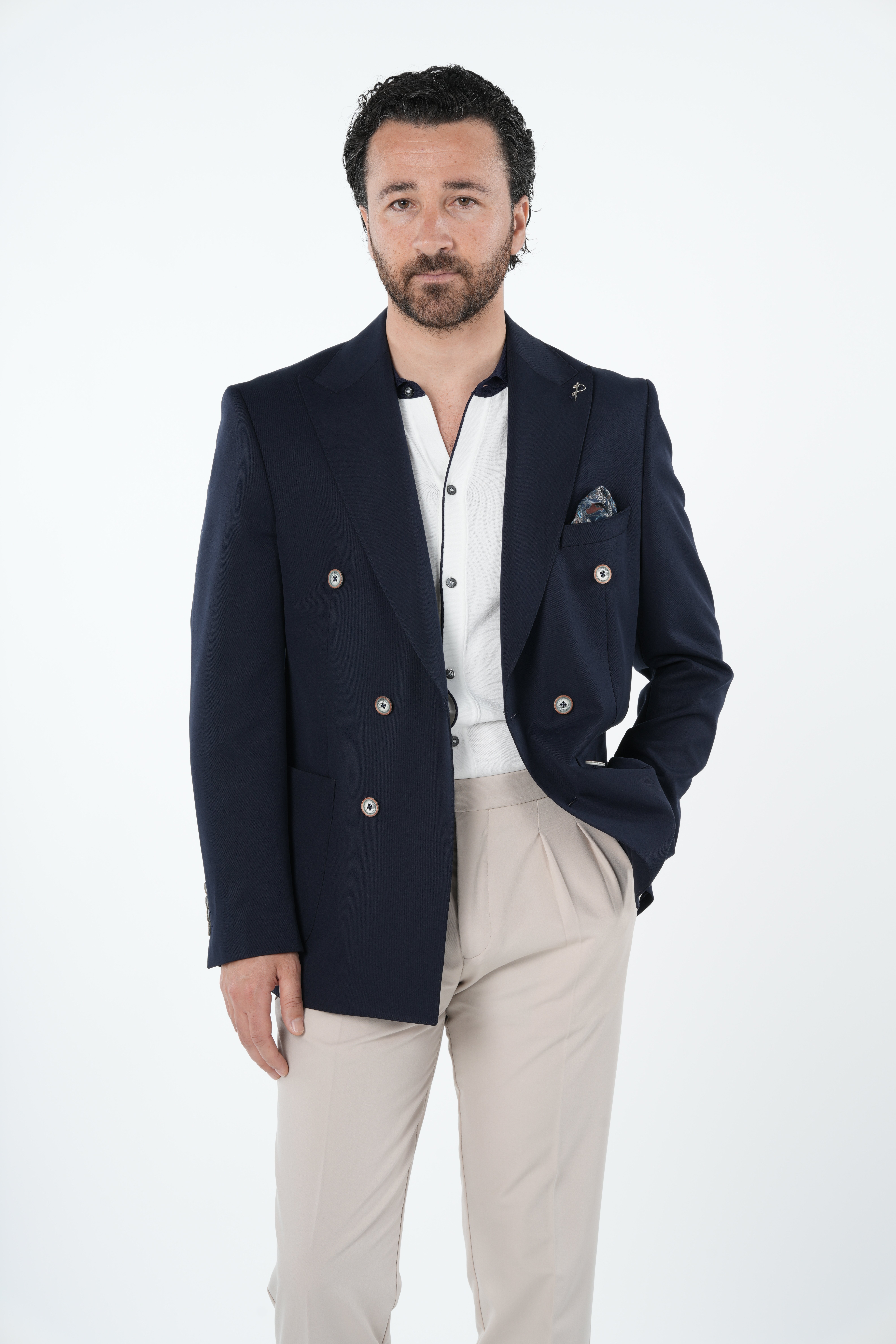 Mens Premium Italian Style Slim Fit Punto Stitched Bag Pocket Half Lined Double Breasted Jacket - Navy Blue