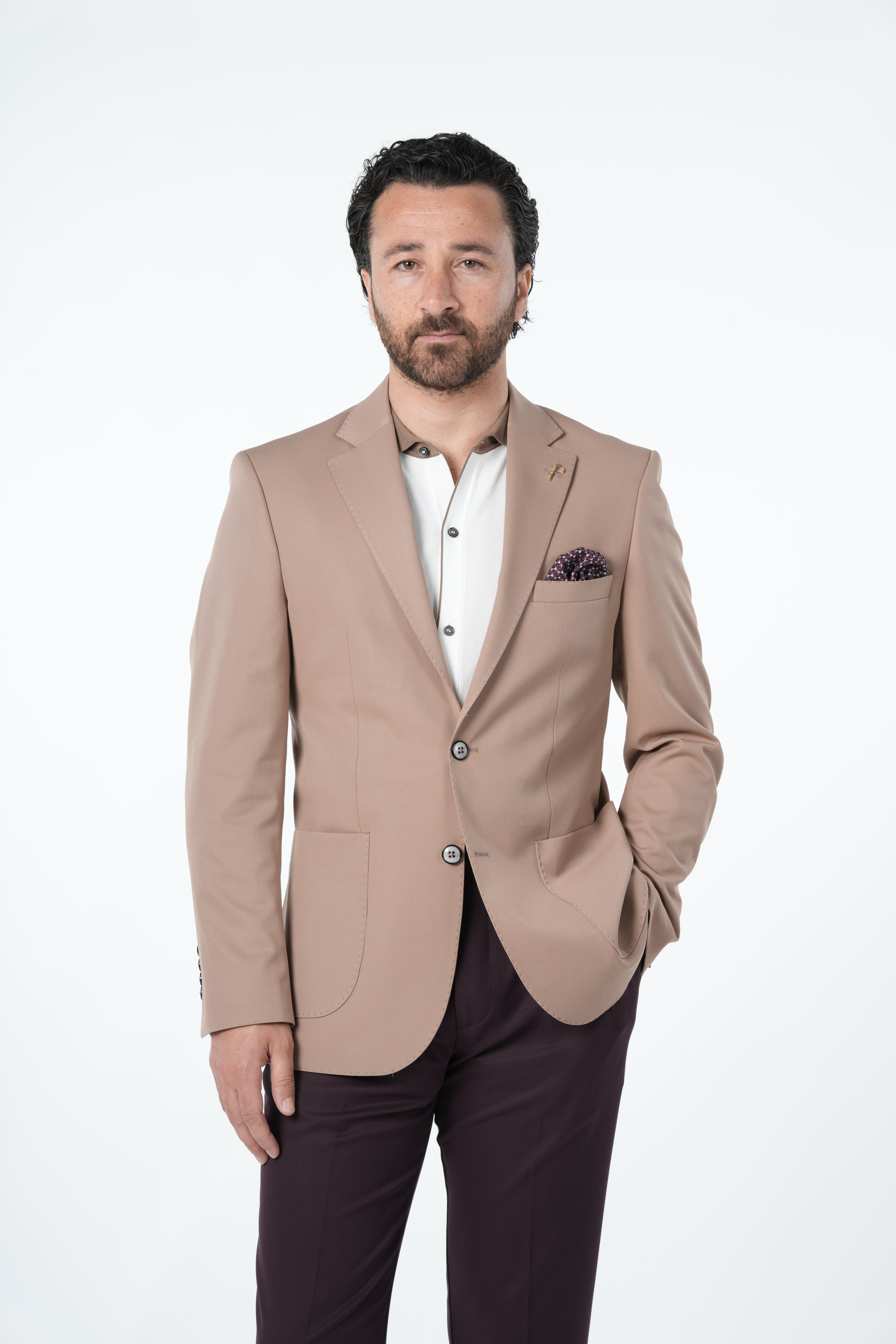 Giacca da uomo premium in stile italiano slim fit con cucitura a punto semifoderata e tasche a borsa - Marrone chiaro