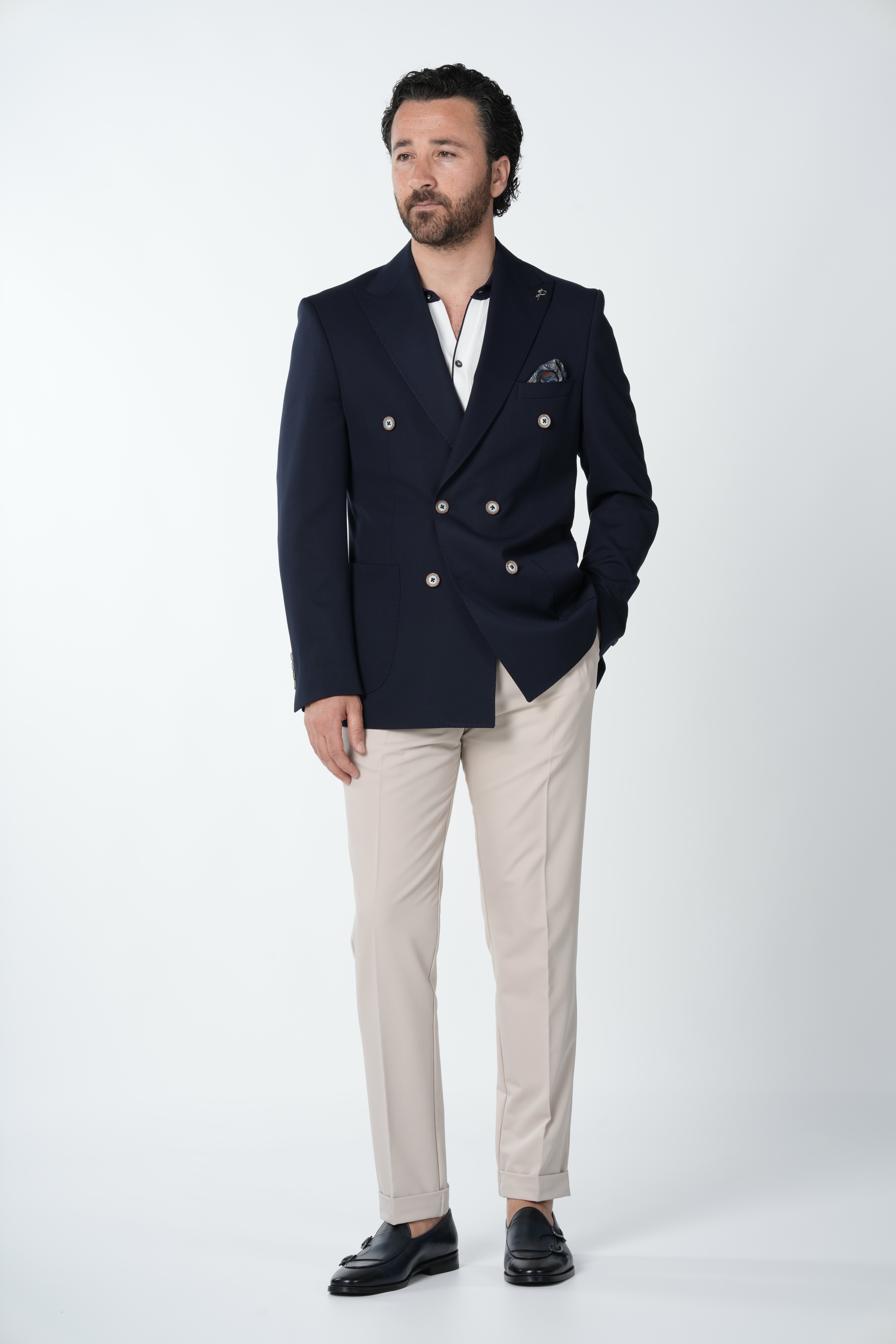 Mens Premium Italian Style Slim Fit Punto Stitched Bag Pocket Half Lined Double Breasted Jacket - Navy Blue