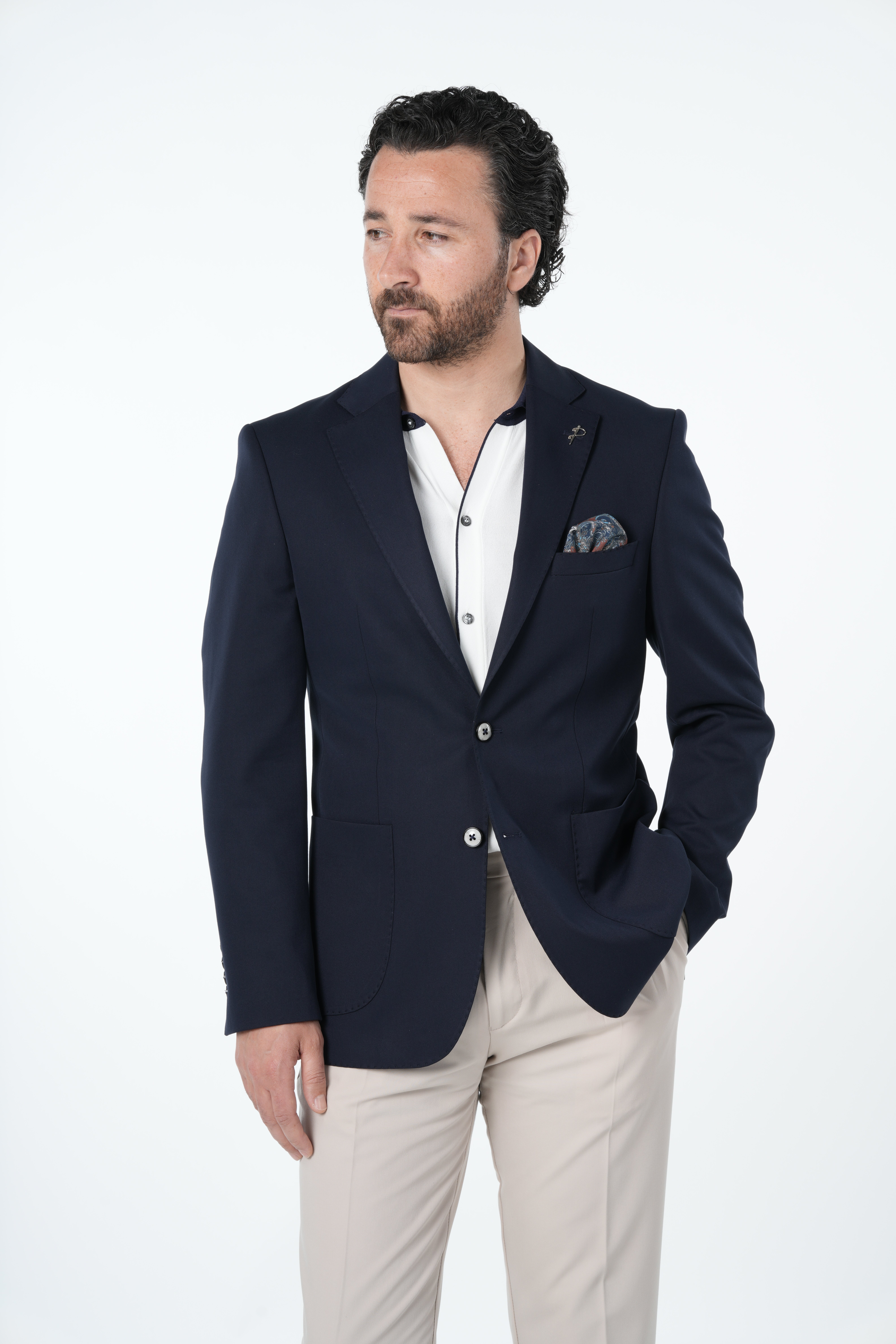 Mens Premium Italian Style Slim Fit Mens Punto Stitched Half Lined Jacket with Bag Pockets - Navy Blue