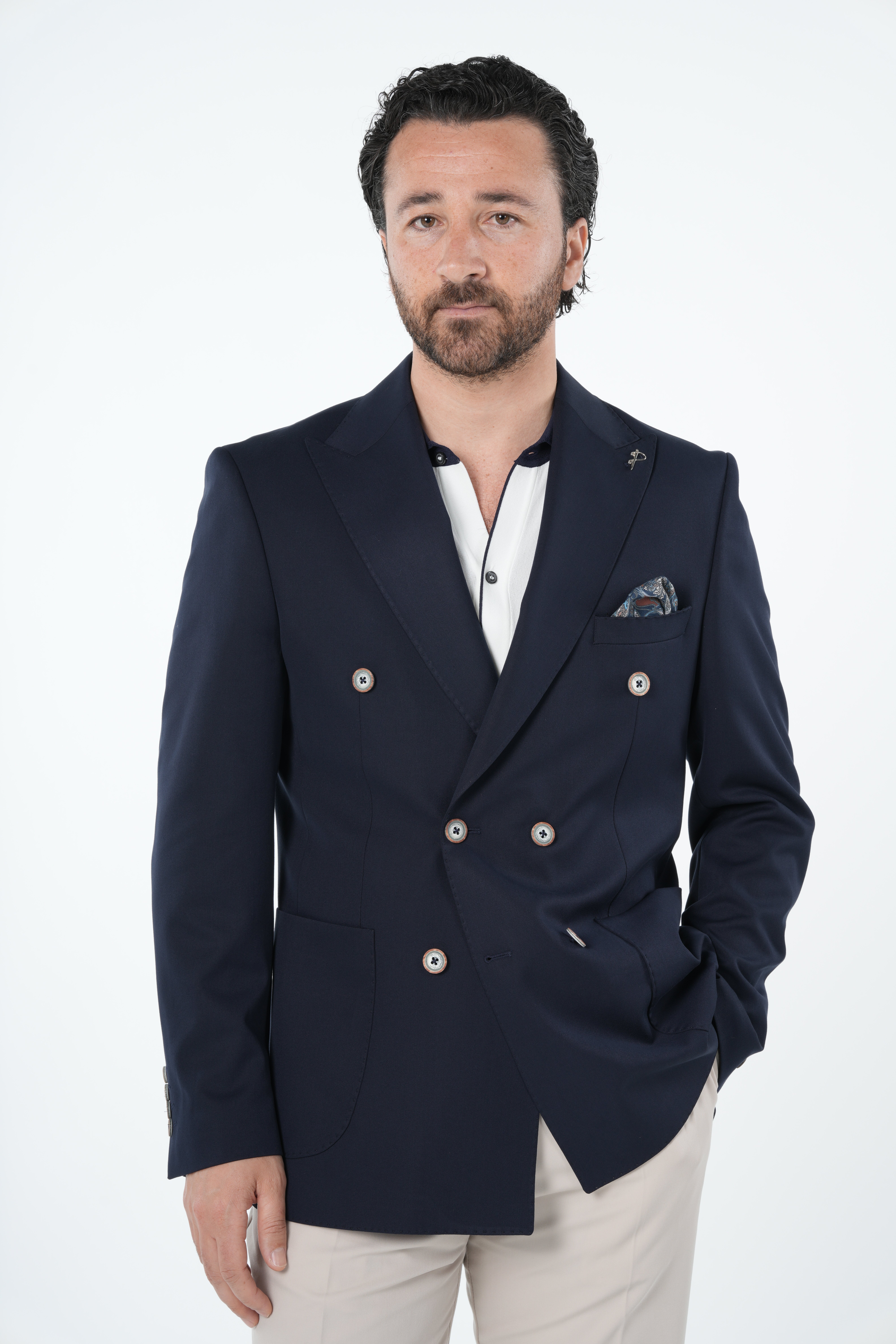 Mens Premium Italian Style Slim Fit Punto Stitched Bag Pocket Half Lined Double Breasted Jacket - Navy Blue