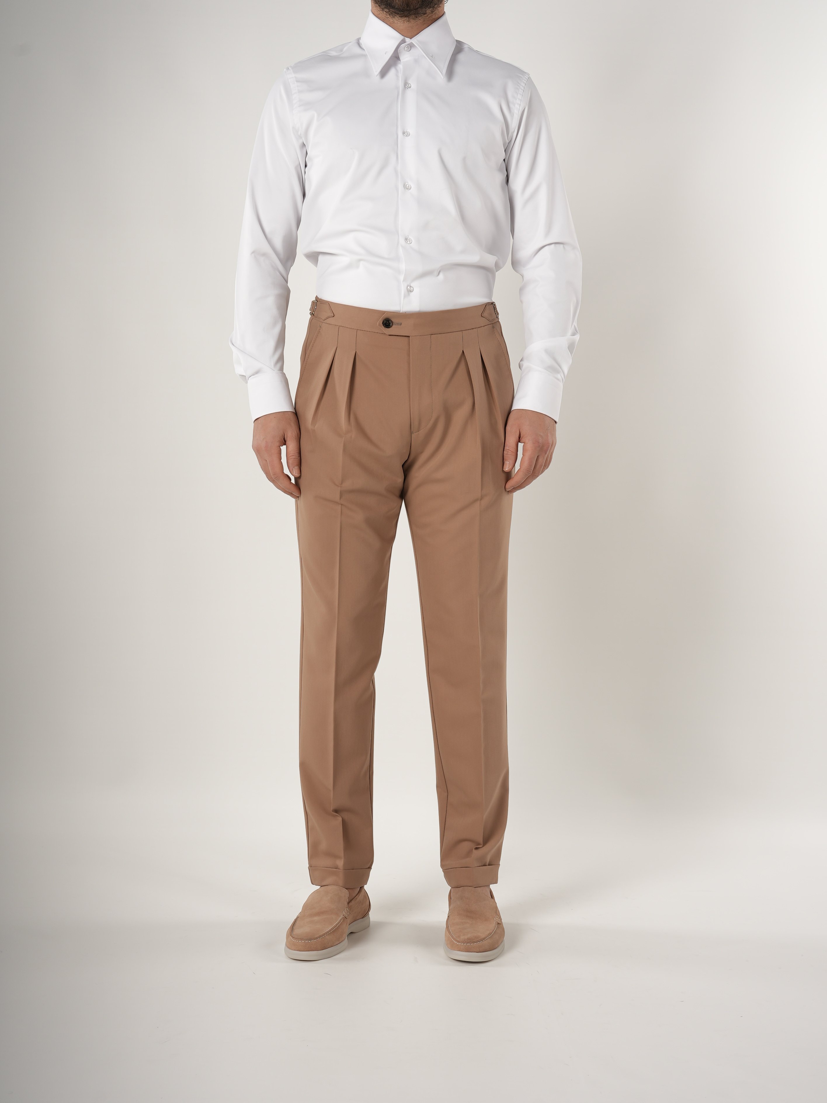 Erkek Slim Fit İtalyan Stil Piliseli TokaLı Likralı Pantolon-Krem