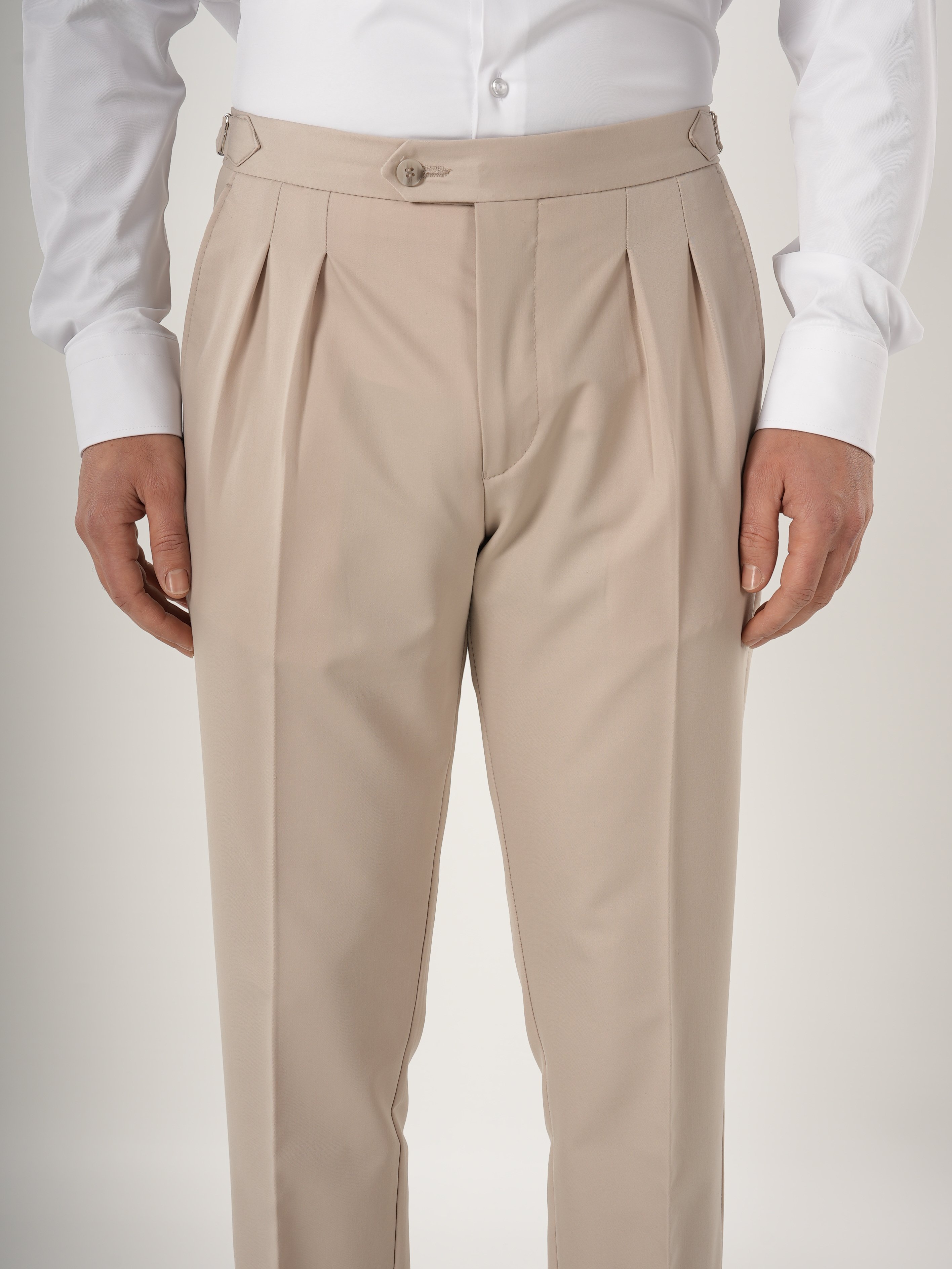 Erkek Slim Fit İtalyan Stil Piliseli TokaLı Likralı Pantolon-Bej
