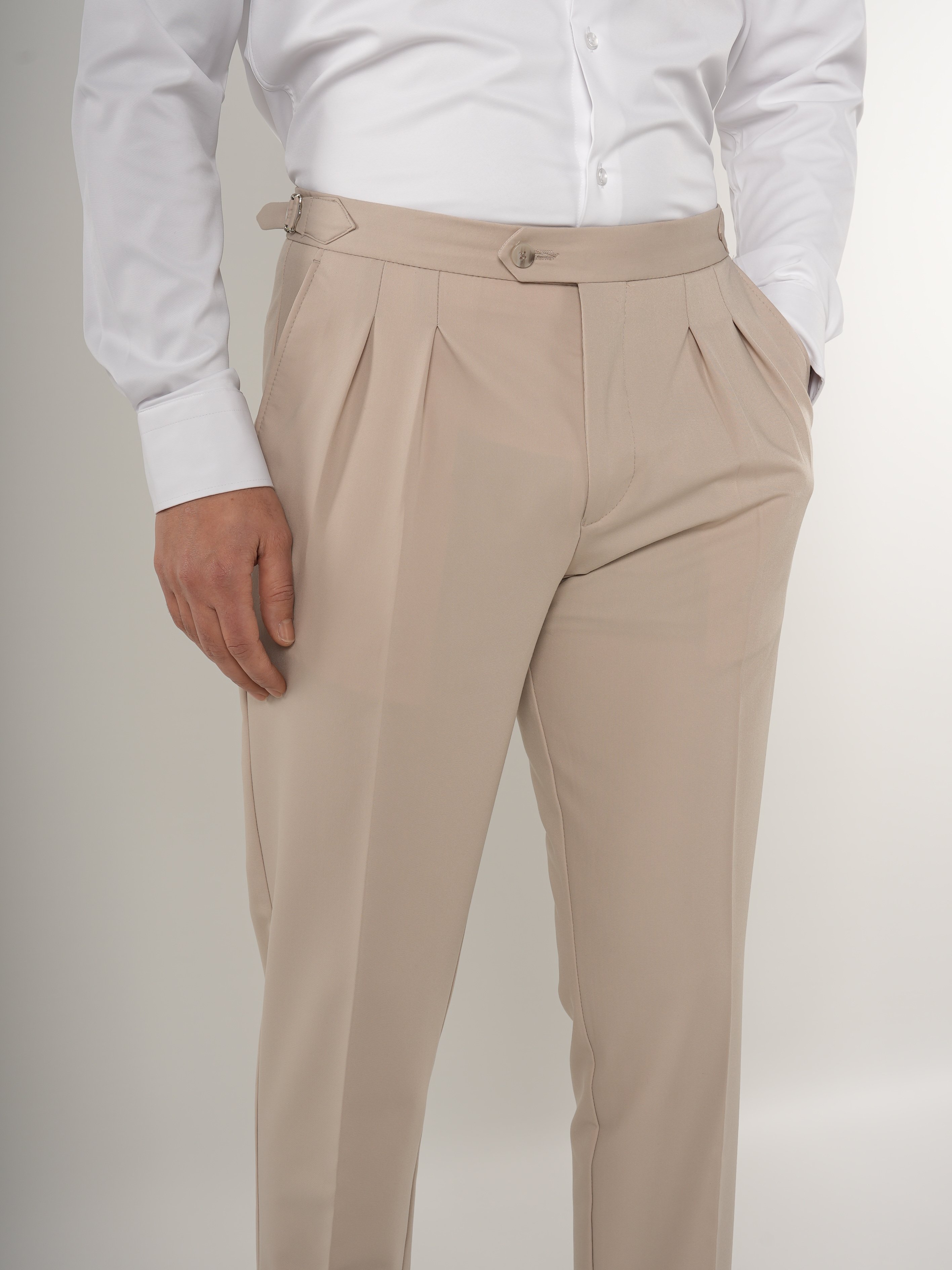 Erkek Slim Fit İtalyan Stil Piliseli TokaLı Likralı Pantolon-Bej