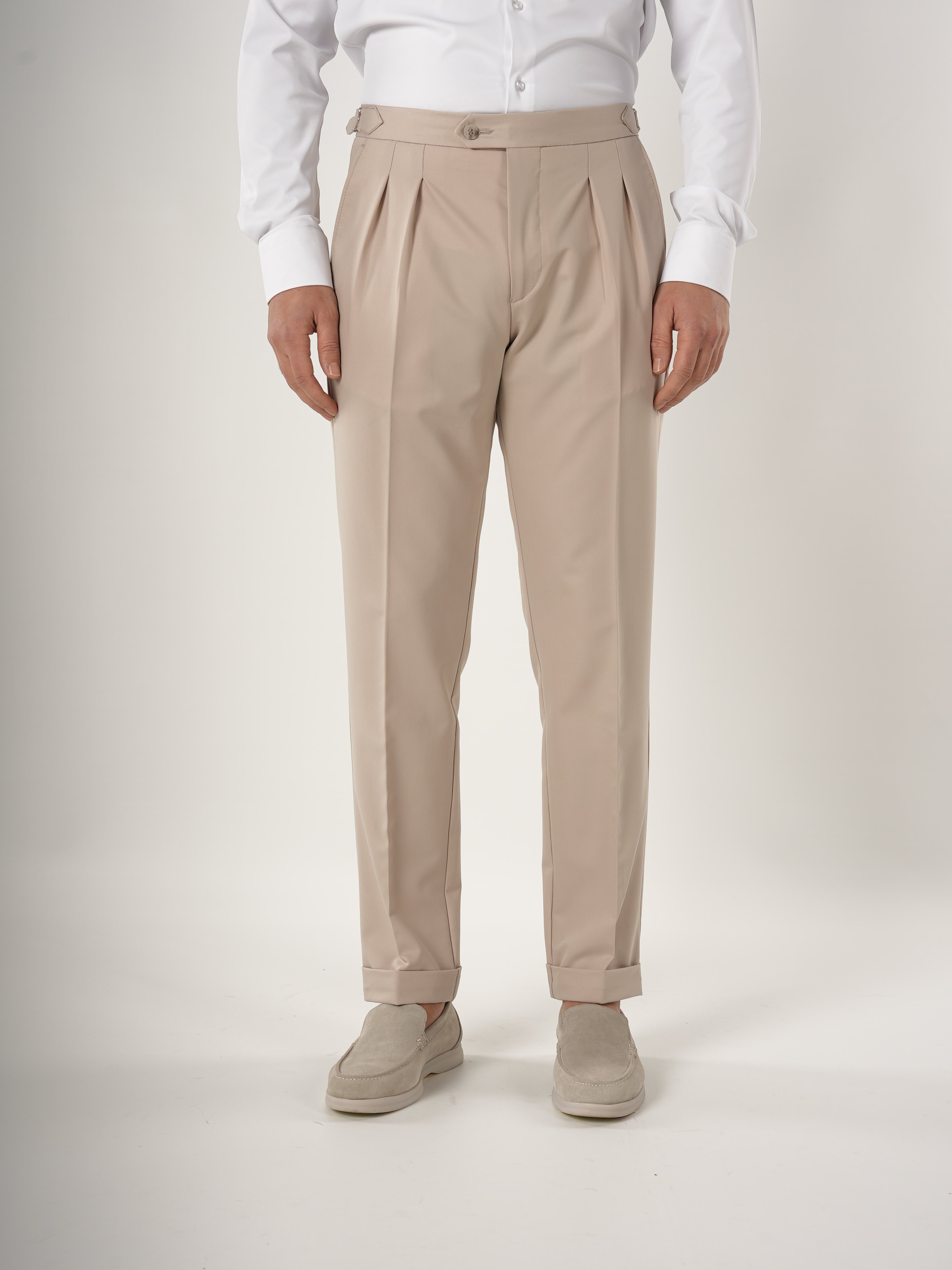 Erkek Slim Fit İtalyan Stil Piliseli TokaLı Likralı Pantolon-Bej