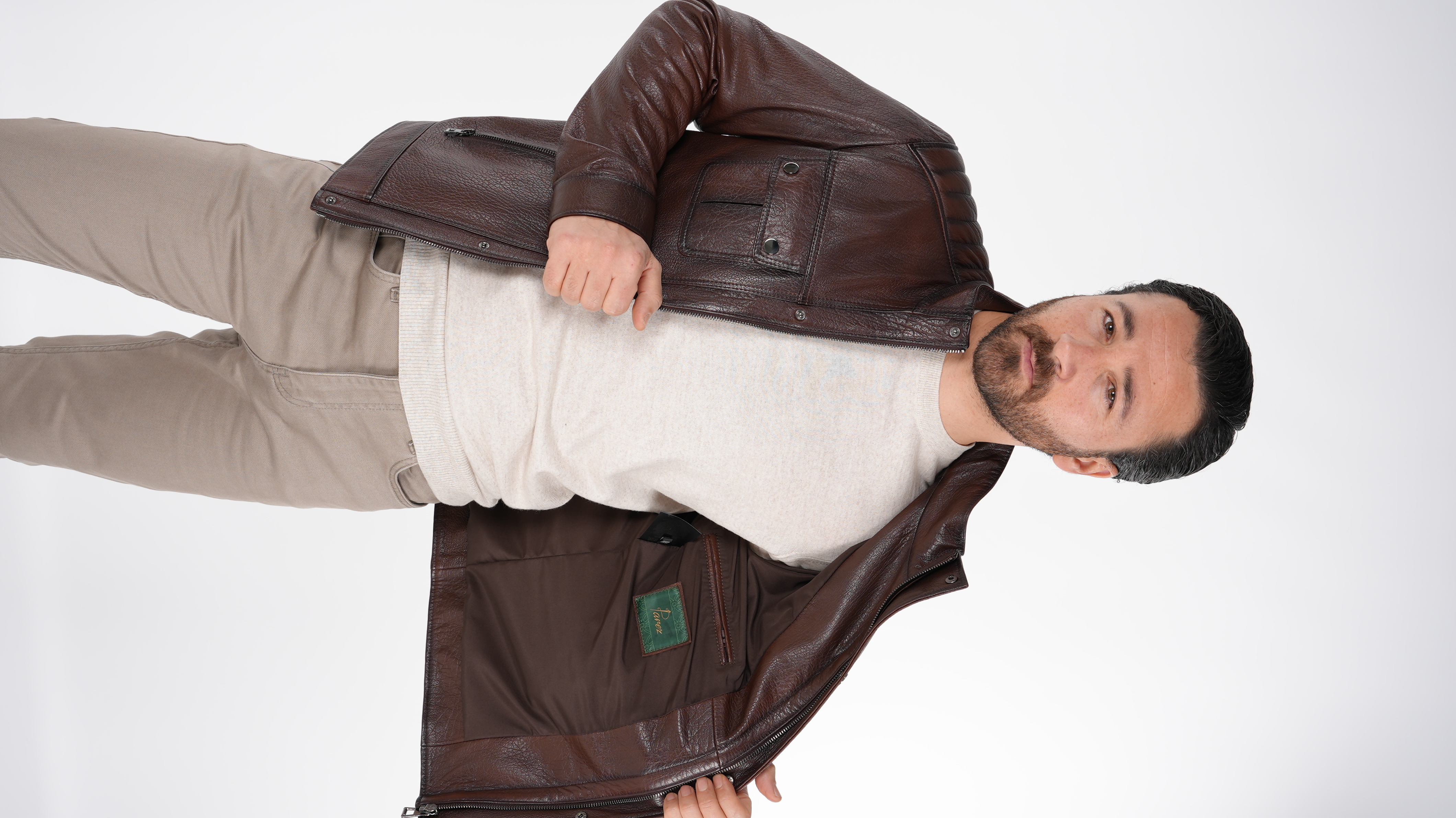 Erkek Standart Fit Normal Kesim Dik Yaka %100 Deri Ceket-Kahve