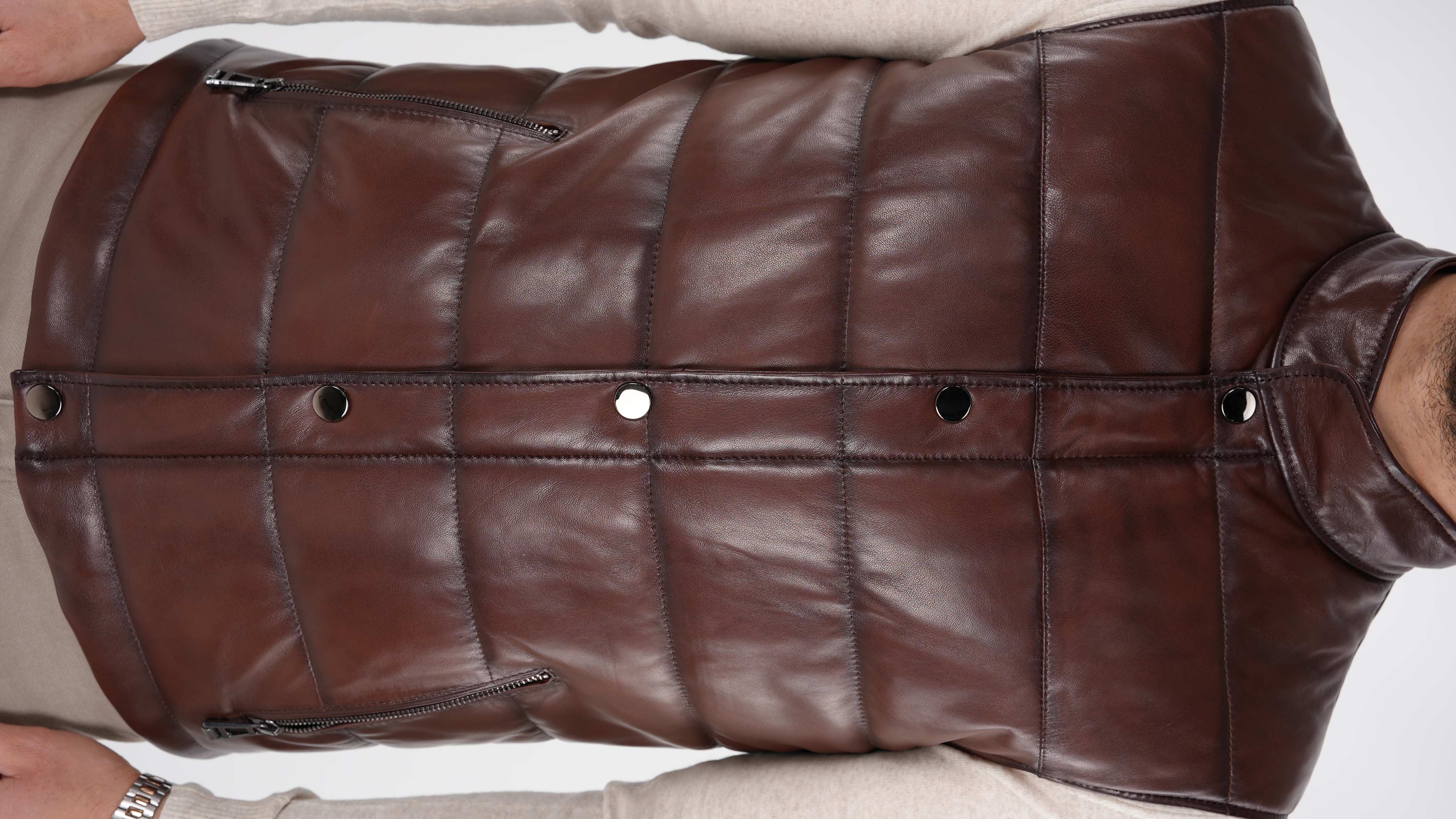 Mens Standard Fit Inflatable Zipper 100% Genuine Leather - Brown