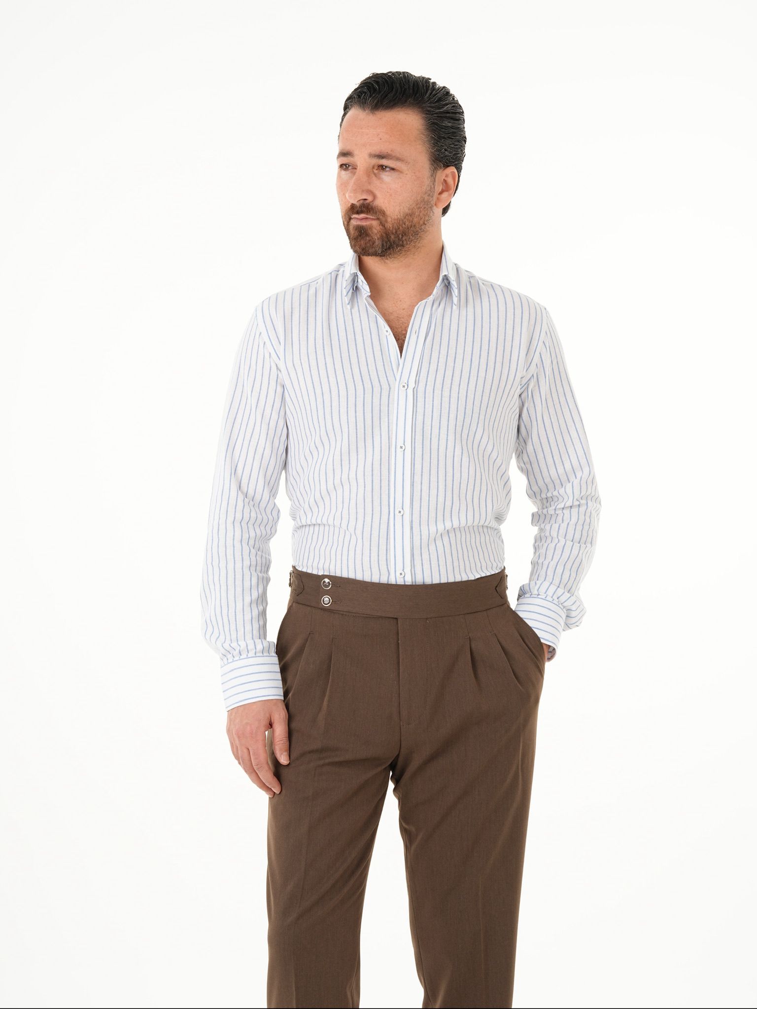 Erkek Premium Regular Fit Çizgili Keten Gömlek - Buz Mavisi