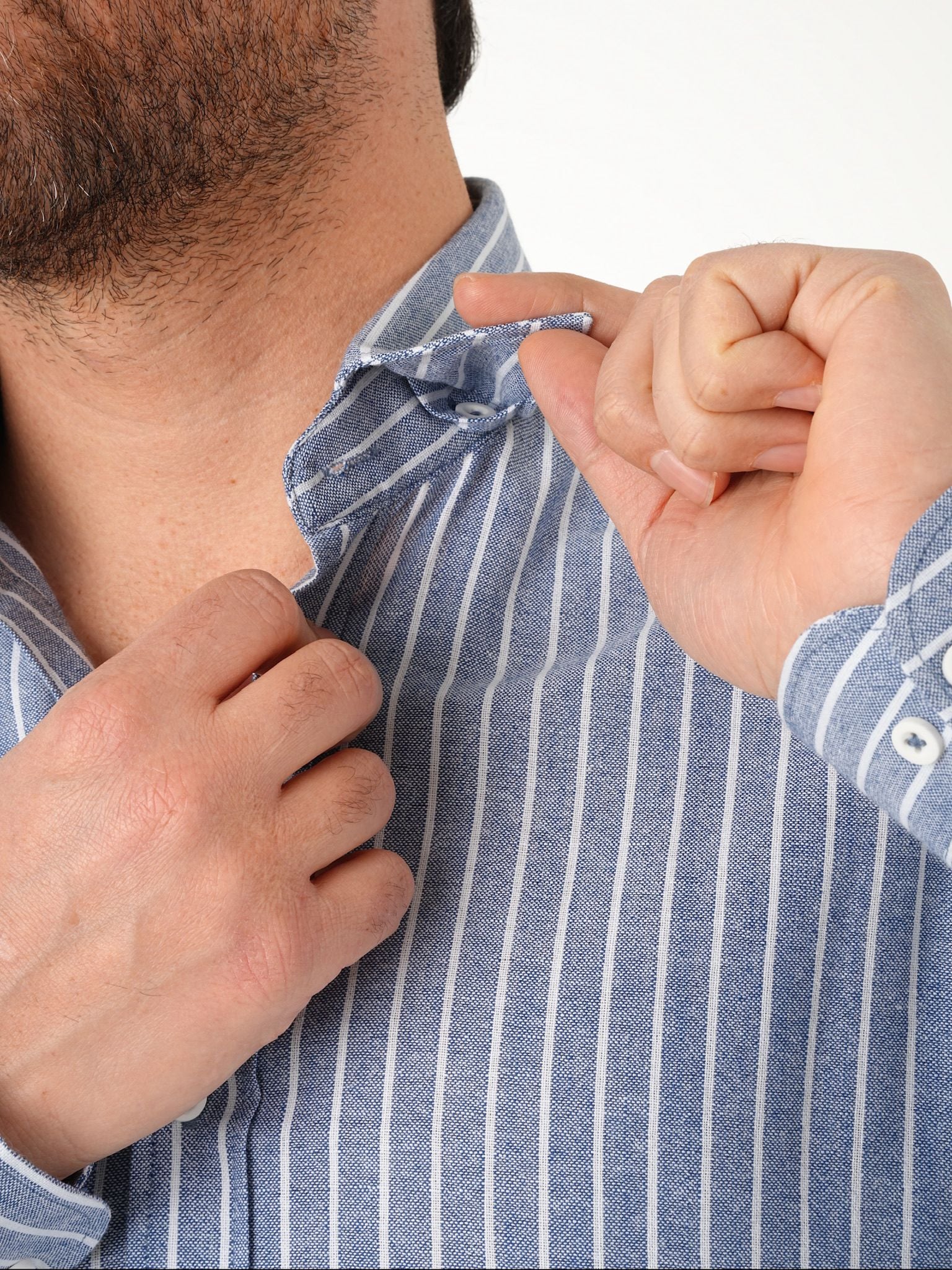 Premium Erkek Regular Fit Çizgili Keten Gömlek - Mavi