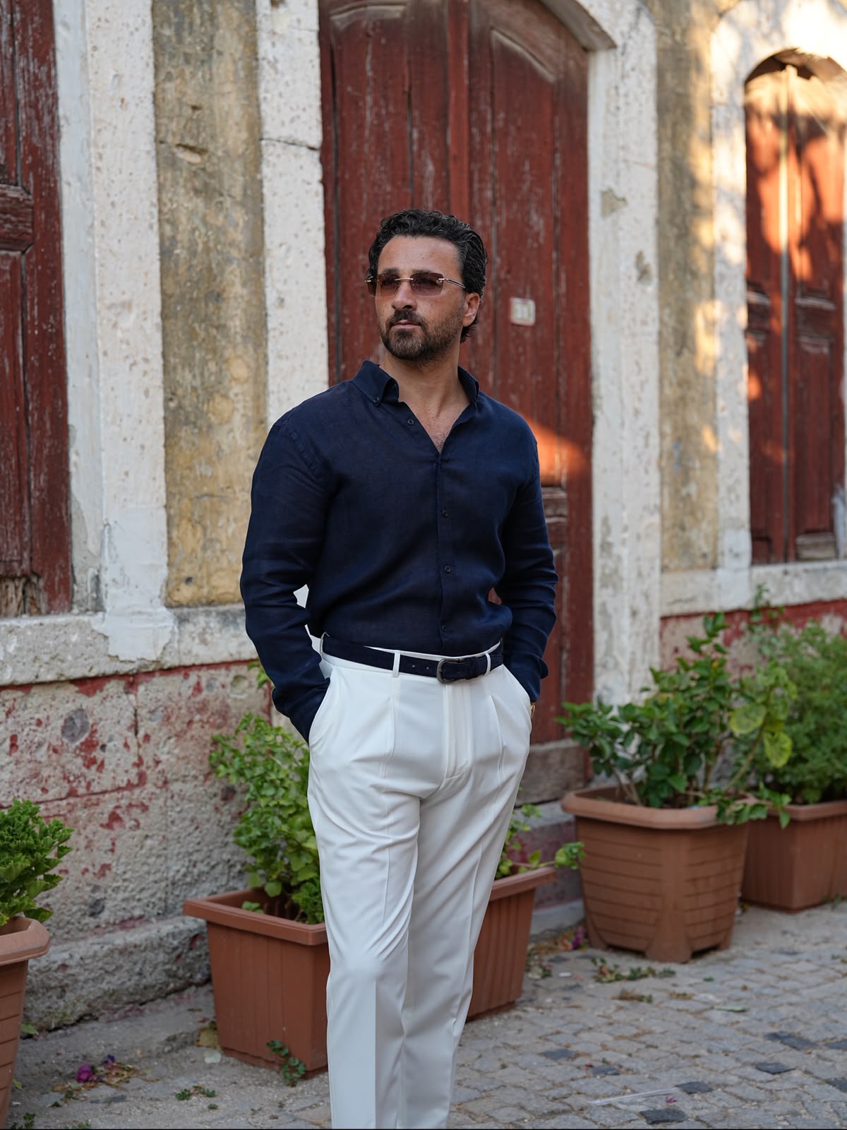 PAREZ Keten Gömlek Modern Fit Yaka Düğmeli - Lacivert