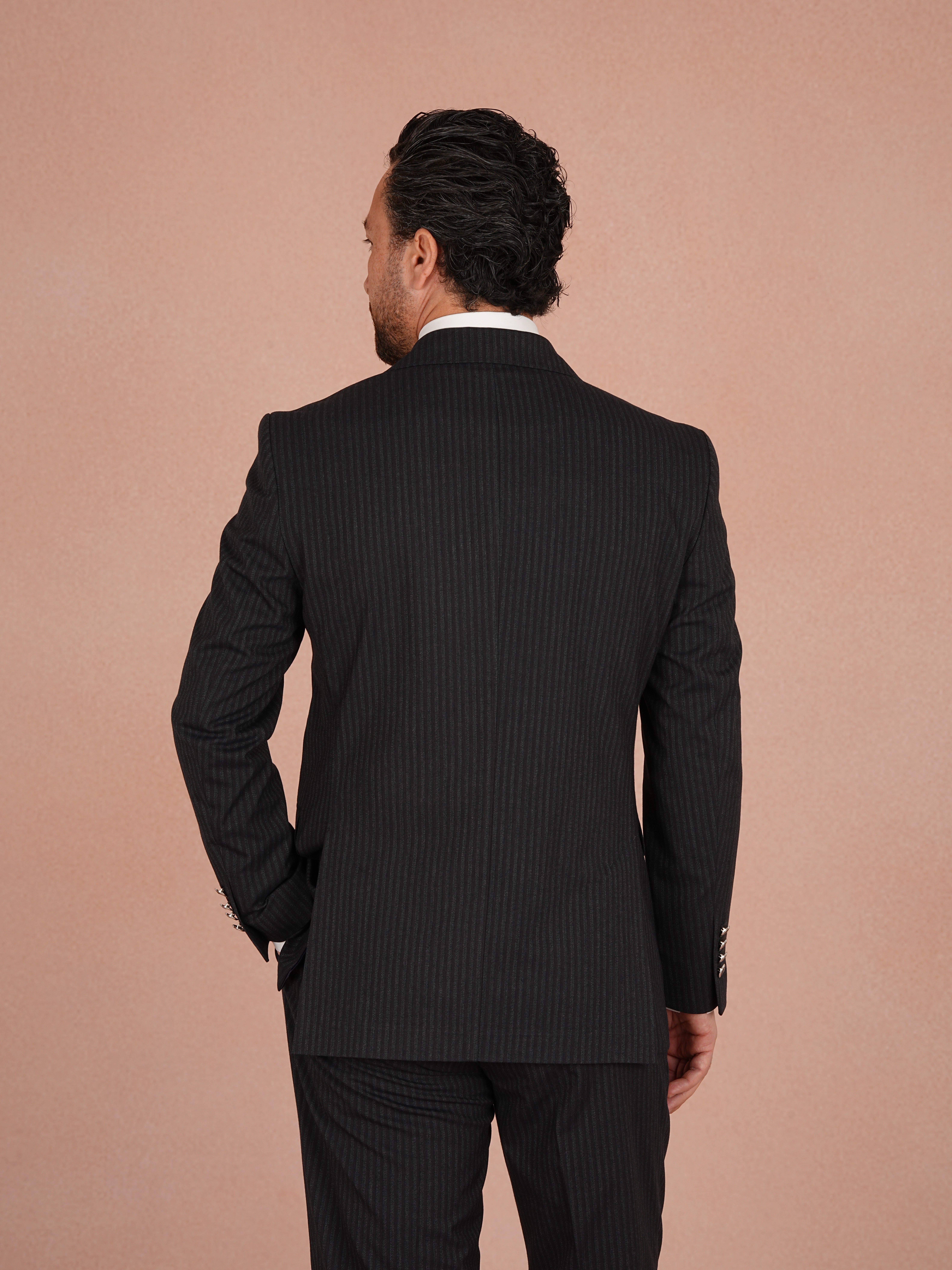 Premium Erkek Çizgili Kruvaze Takım Elbise Slim Fit İtalyan Stil Ceket Pantolon - Koyu Lacivert