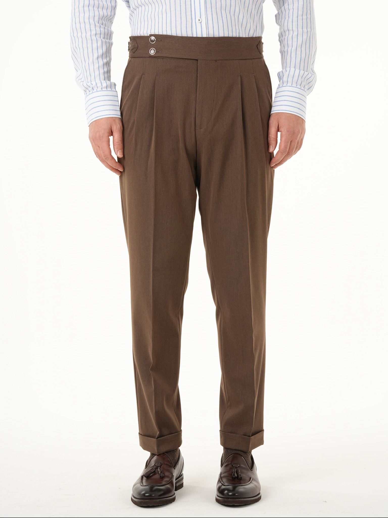 Erkek Regular Fit Yüksek Bel Piliseli Tokalı Kumaş Pantolon - Sütlü Kahve