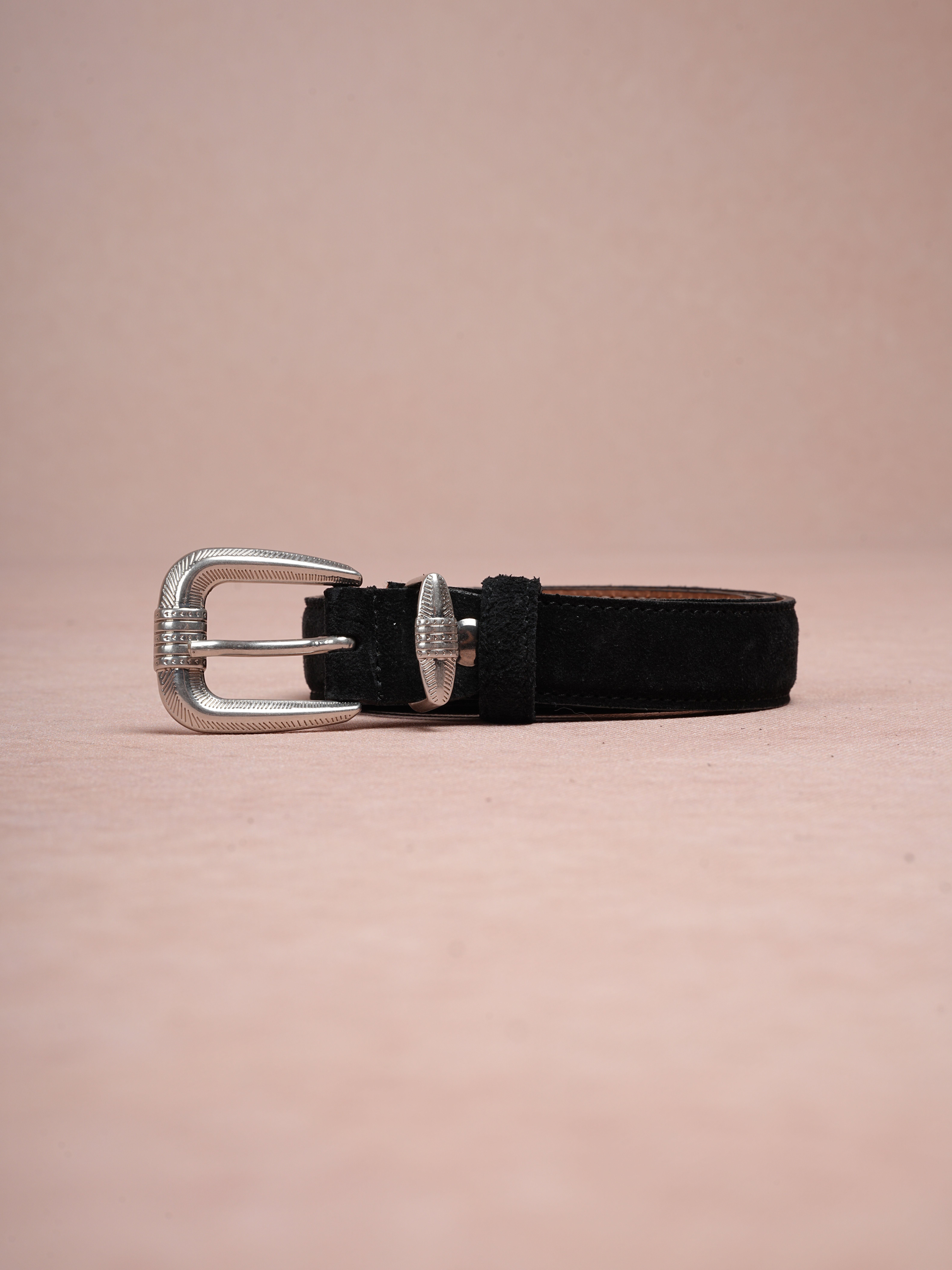 Erkek %100 Hakiki Süet Deri Ince Kalay Kaplama Beyaz Tokalı Kemer 2.5 Cm - Siyah