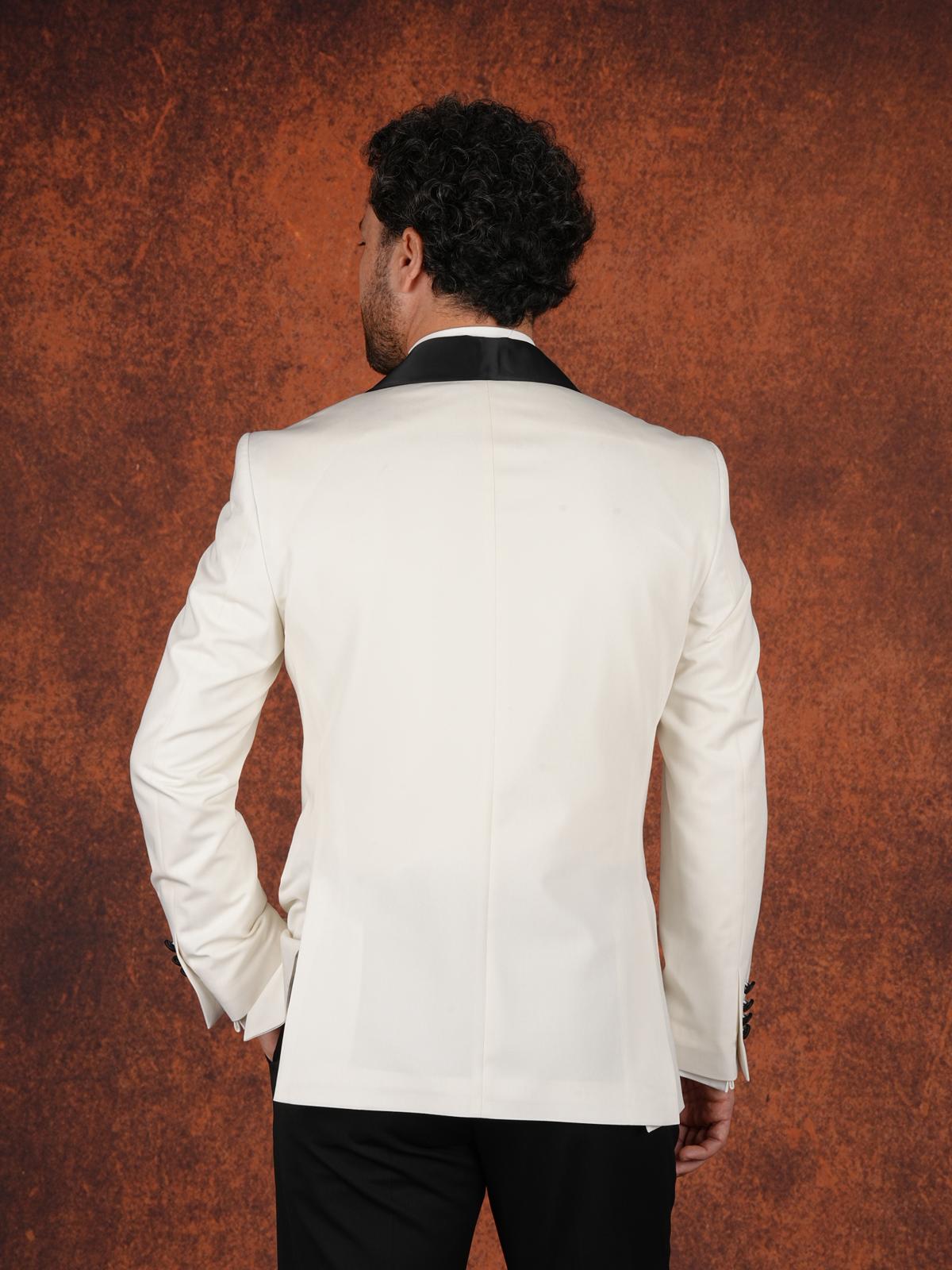 Erkek Premium Slim Fit İtalyan Stil  Damatlık Smokin Ceket Pantolon Papyon - Beyaz