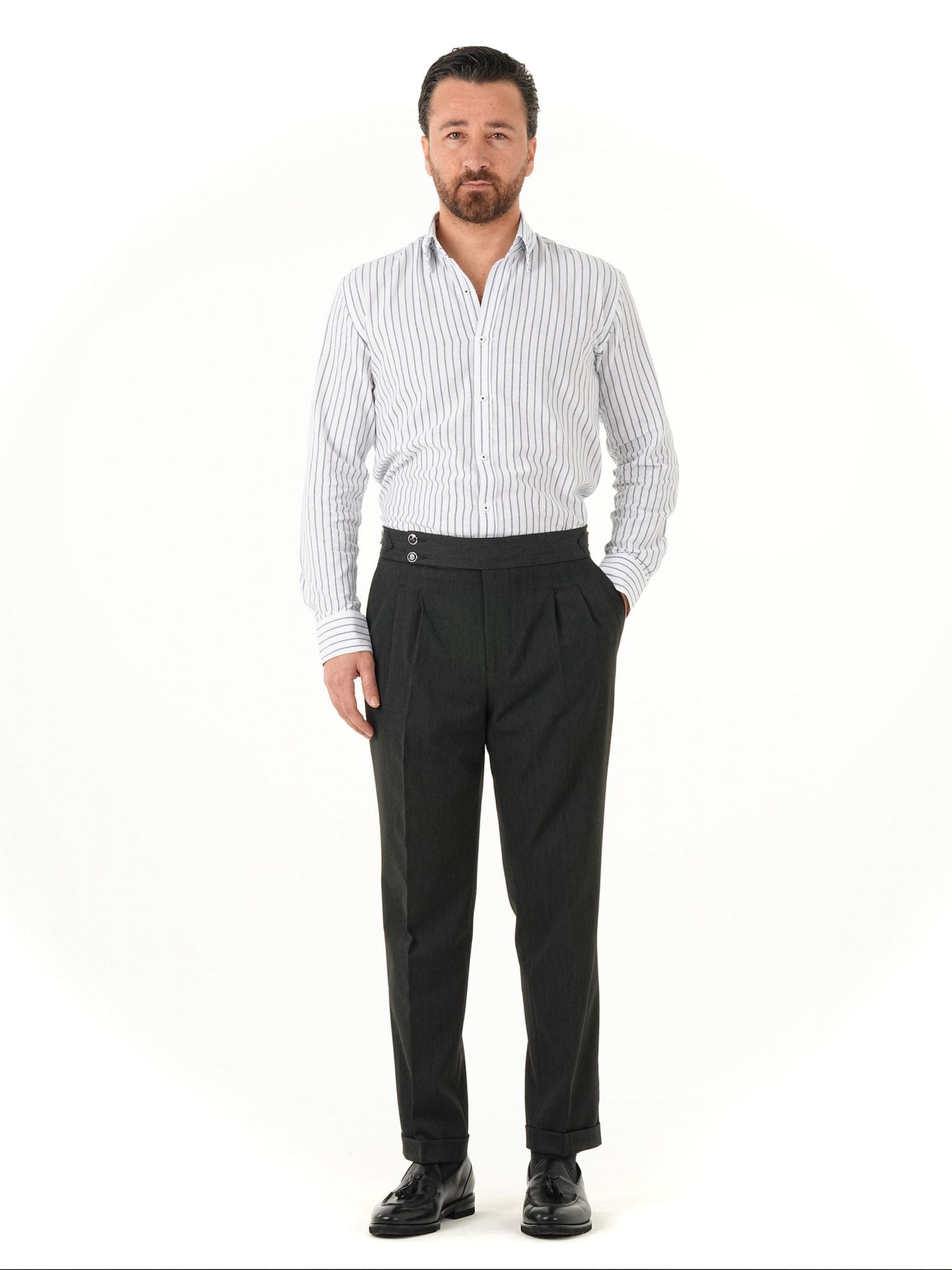 Erkek Regular Fit Yüksek Bel Piliseli Tokalı Kumaş Pantolon - Antrasit